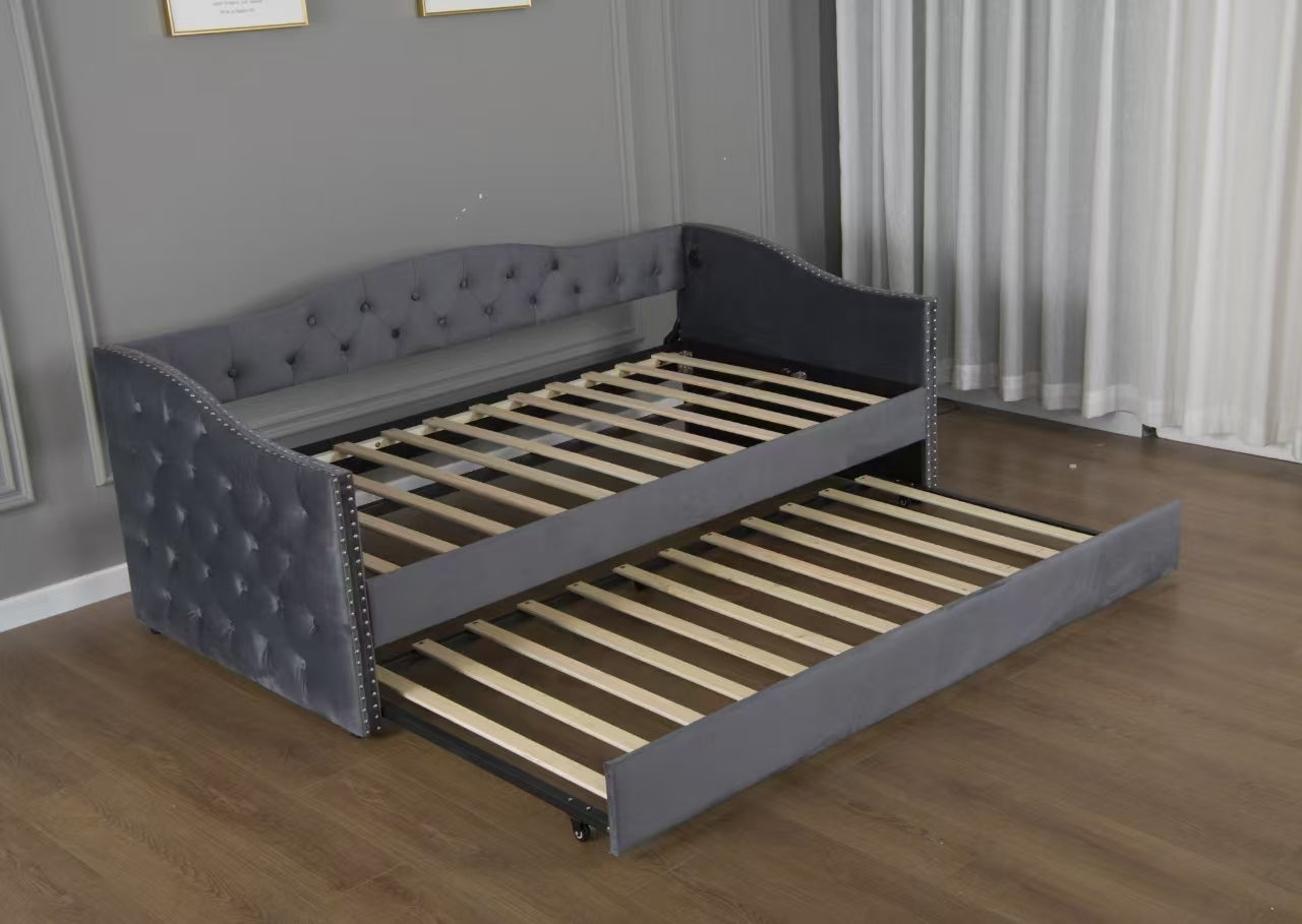 Twin Size Upholstered Daybed with Trundle and USB Charging Design