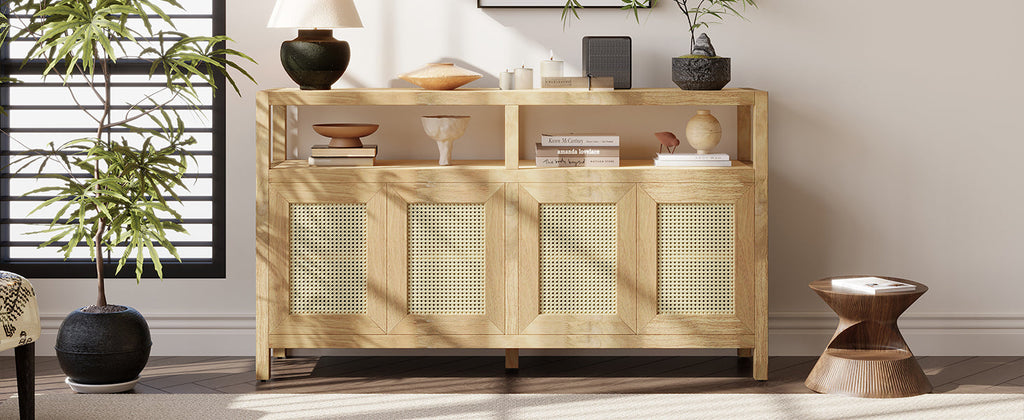 Bohemian Style Rattan Storage Cabinet with 3-position Adjustable Shelves