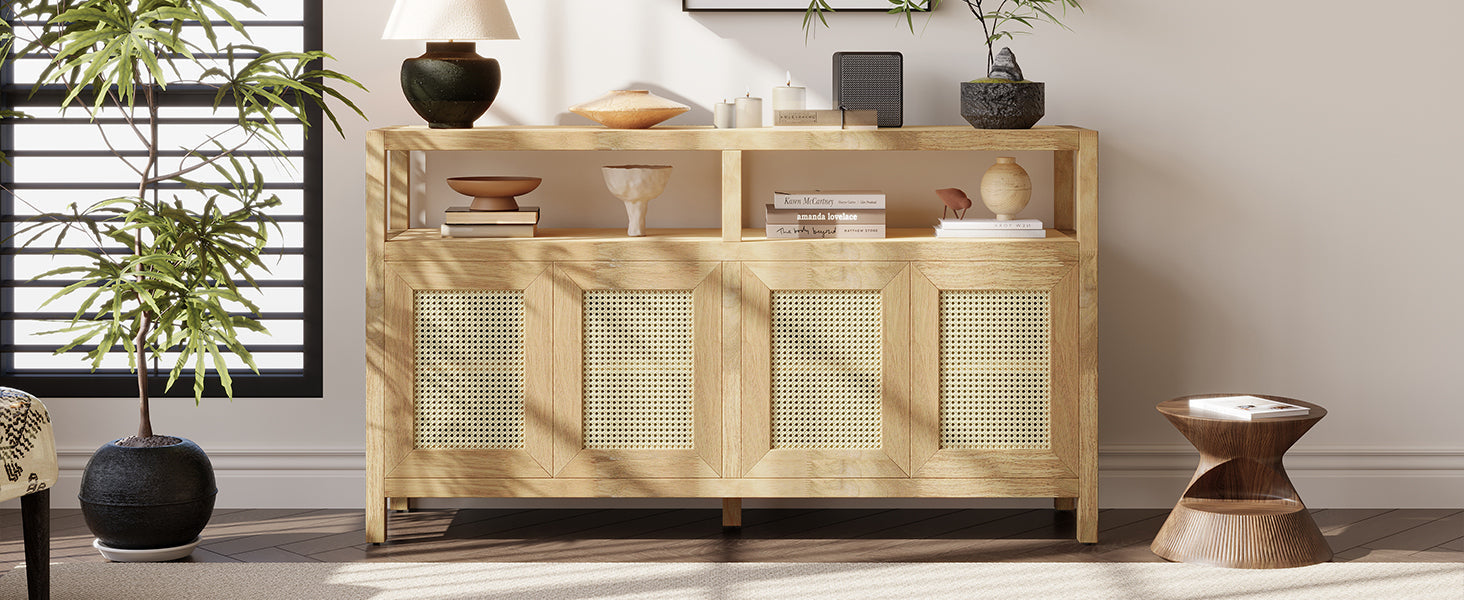 Bohemian Style Rattan Storage Cabinet with 3-position Adjustable Shelves