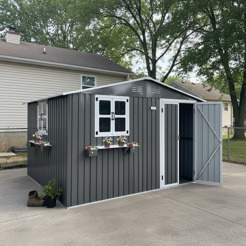 10x8 Ft Metal Storage Shed Lockable Double Doors Window Waterproof Shed