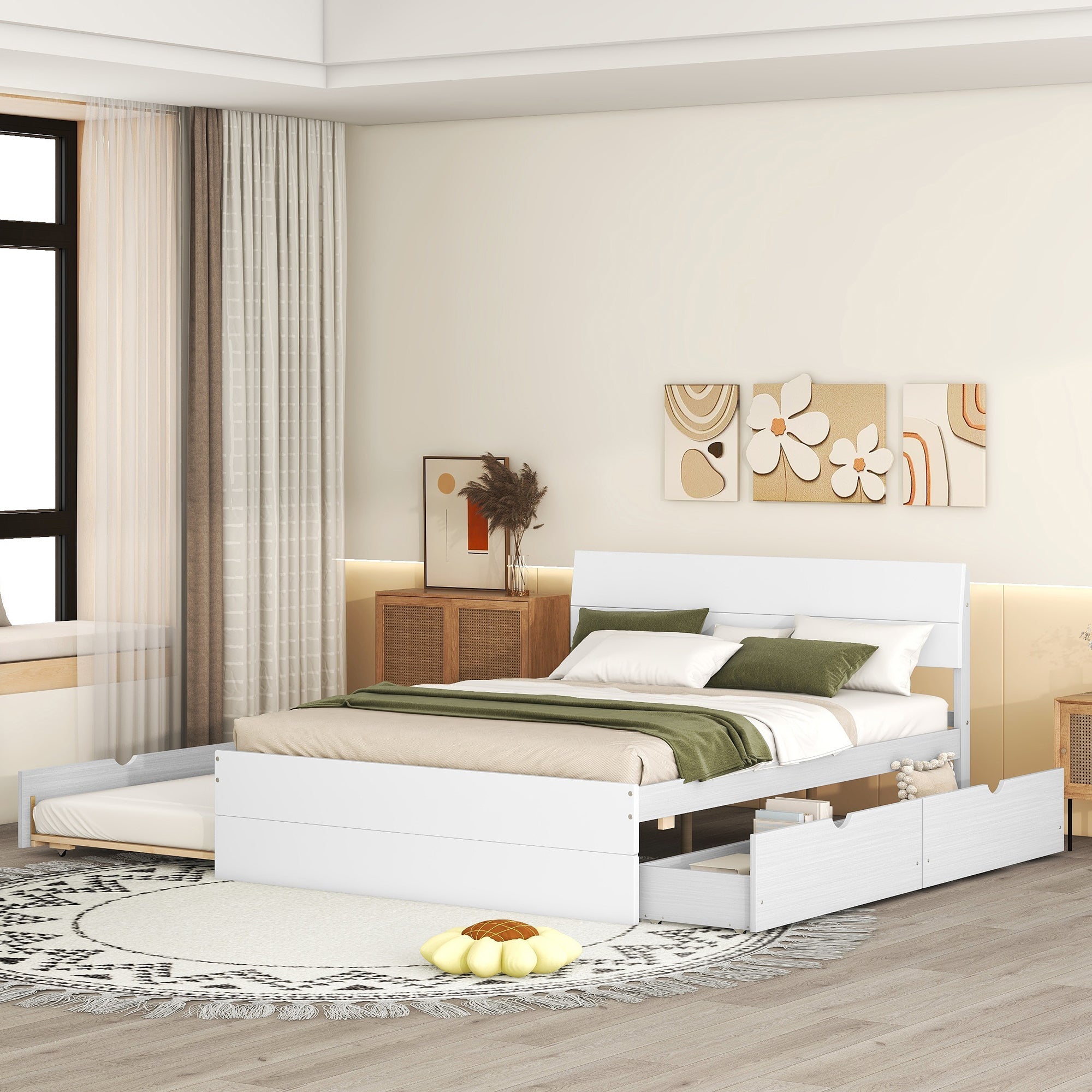 Modern Full Size Bed Frame with Twin Size Trundle and 2 Drawers