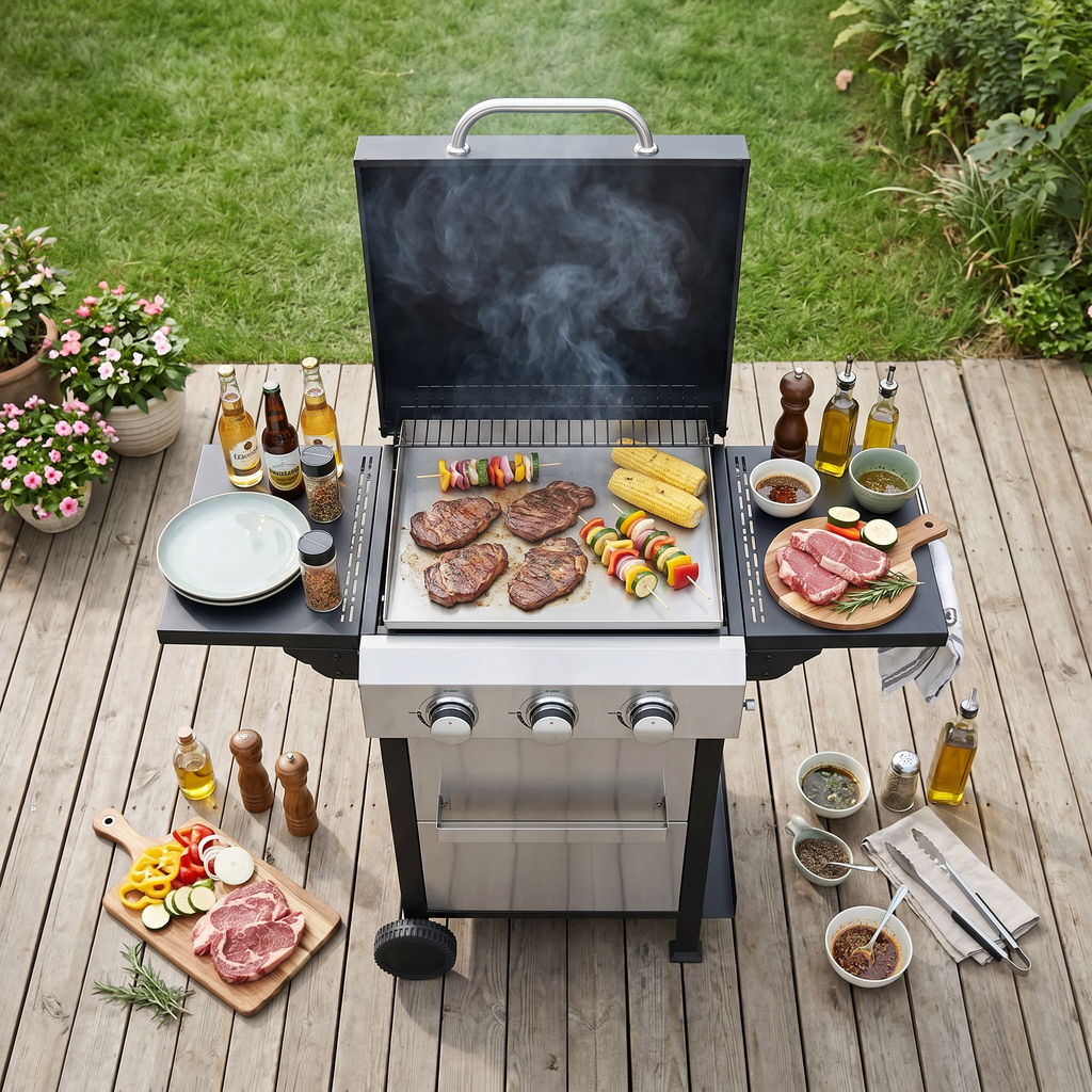 3 Burner Propane Gas BBQ Grill 36900BTU Stainless Steel Cooking Surface Foldable Table