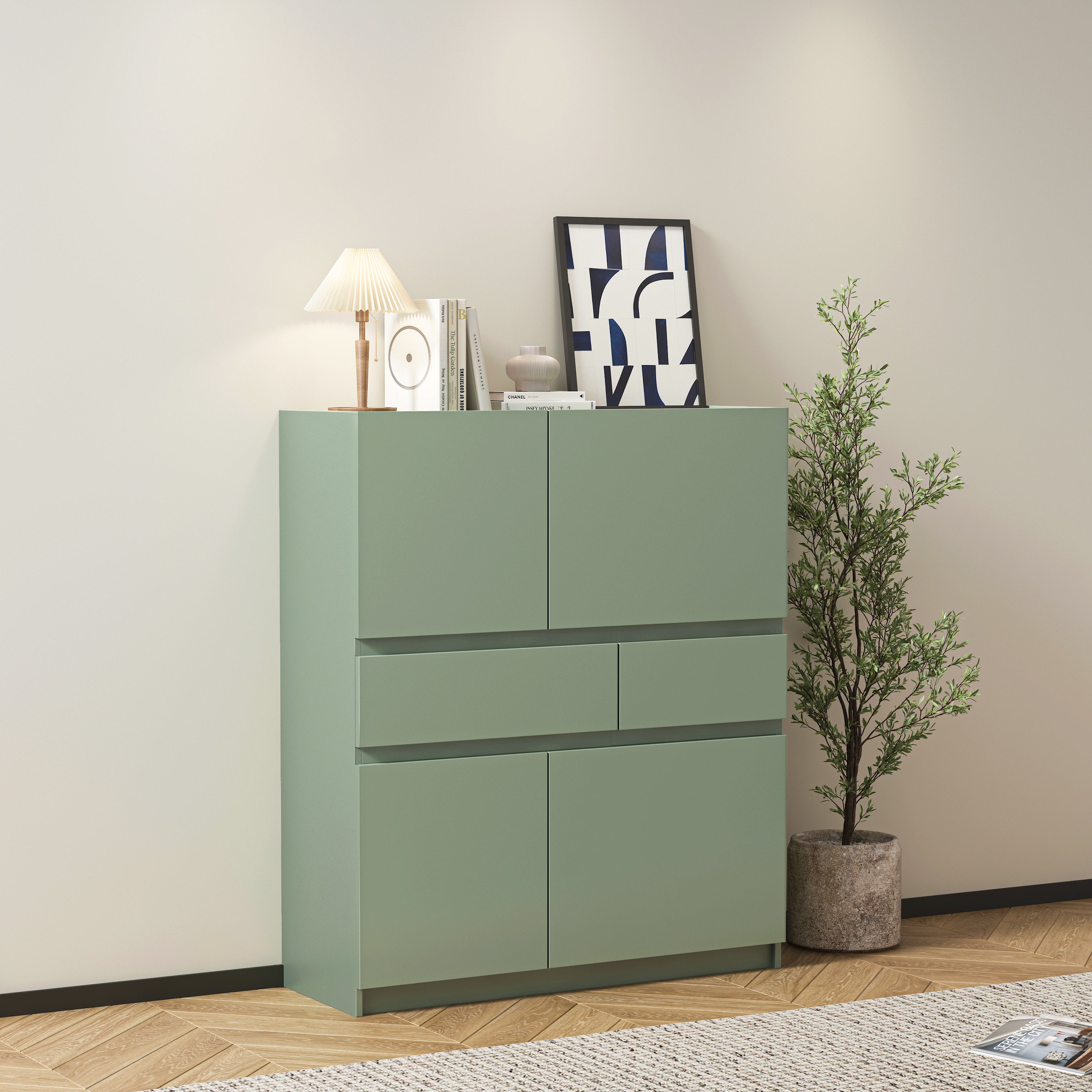 Wooden Storage Cabinet with 4 Doors and 2 Drawers