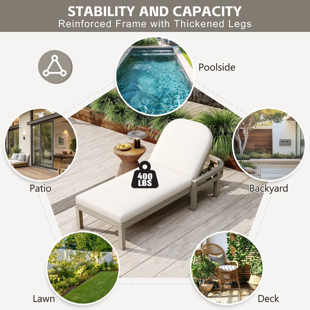 Acacia Wood Chaise Lounge Chairs 5-Position Adjustable Backrest for Patio Poolside