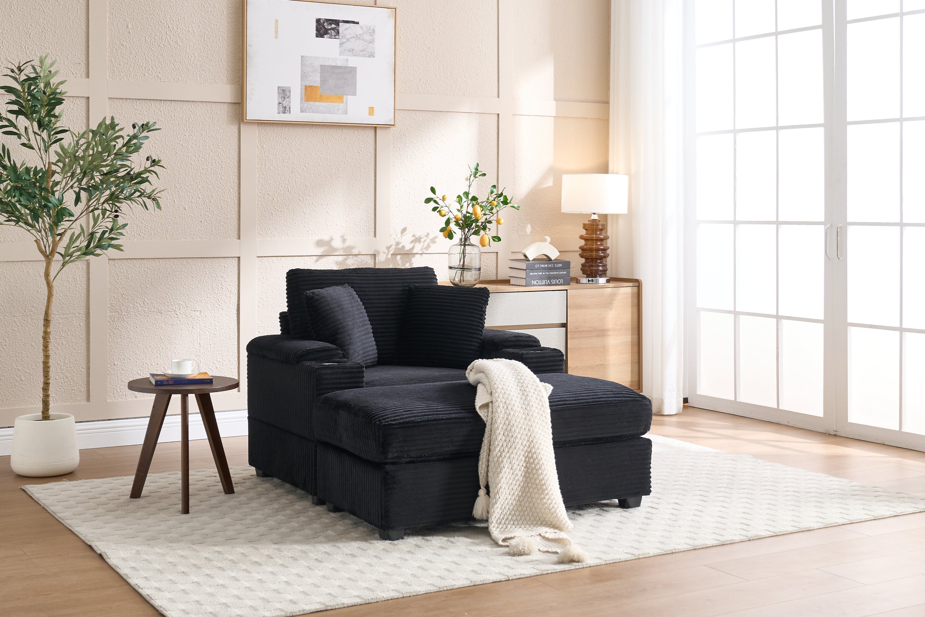 Corduroy Upholstered Chaise Lounge Sofa with Handrail Storage