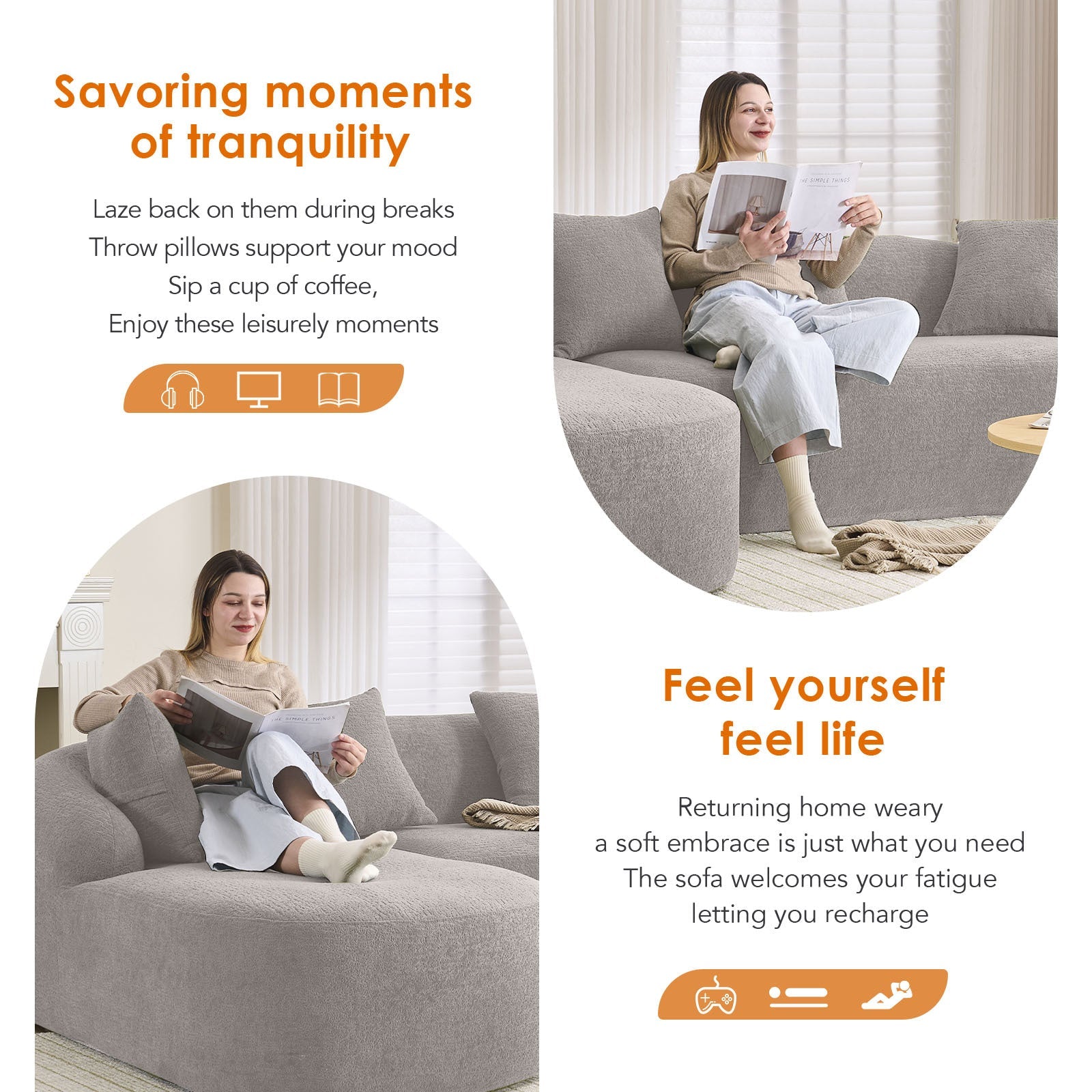 Boneless L-Shape Sectional Sofa with Curved Chaise