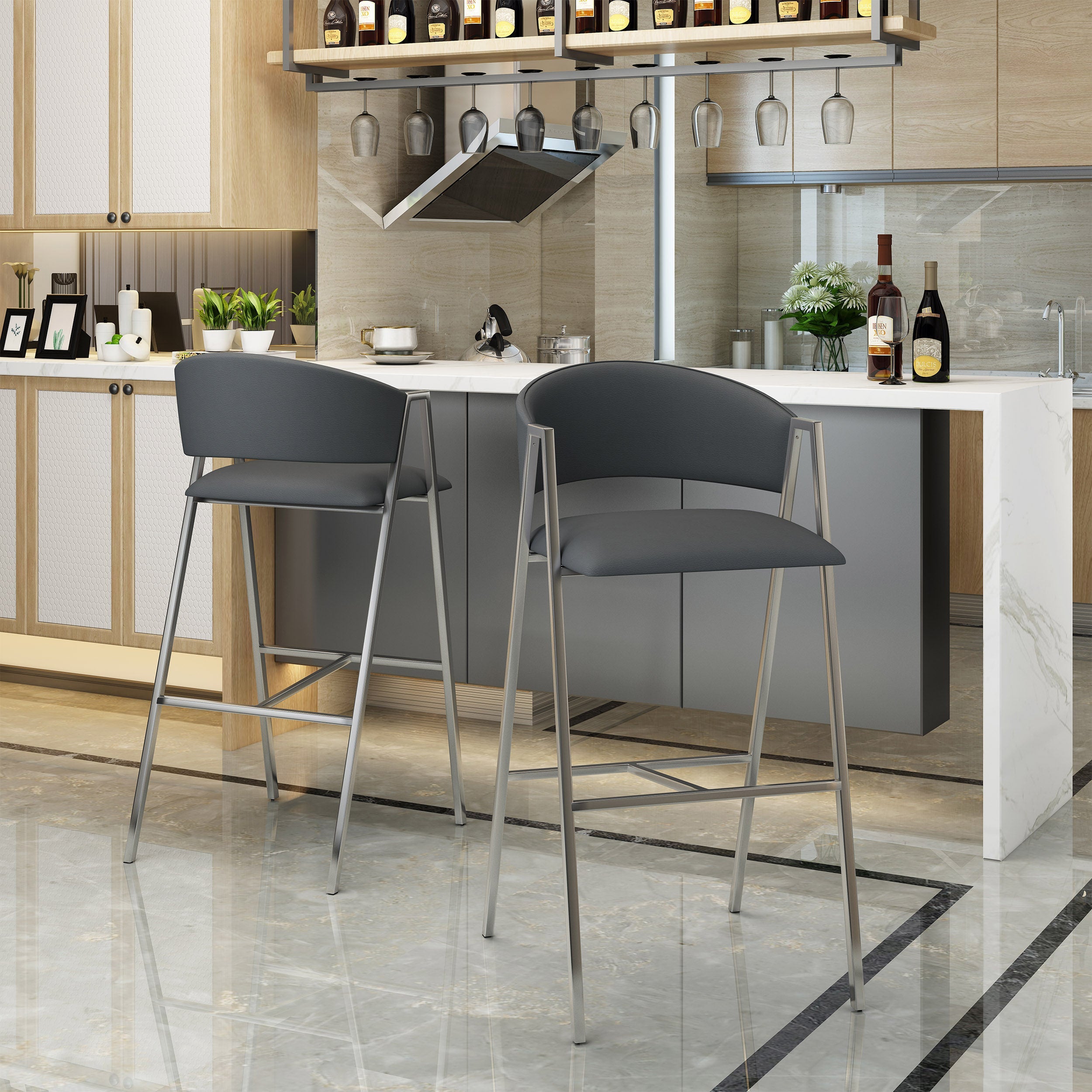 Modern PU Bar Stools with Low Back and Arms (Set of 2)