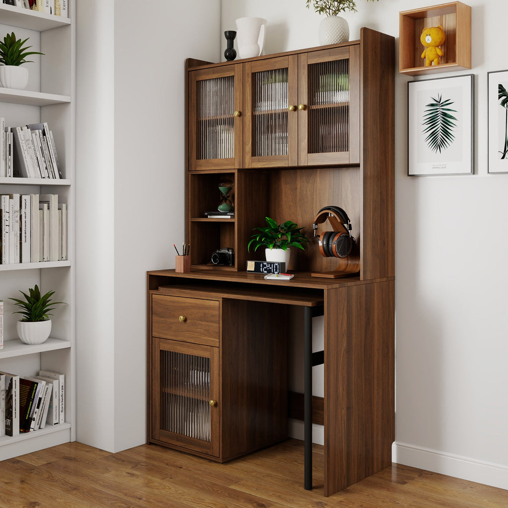 90 Degree Rotating Desktop Computer Desk with Glass Door for Home Office