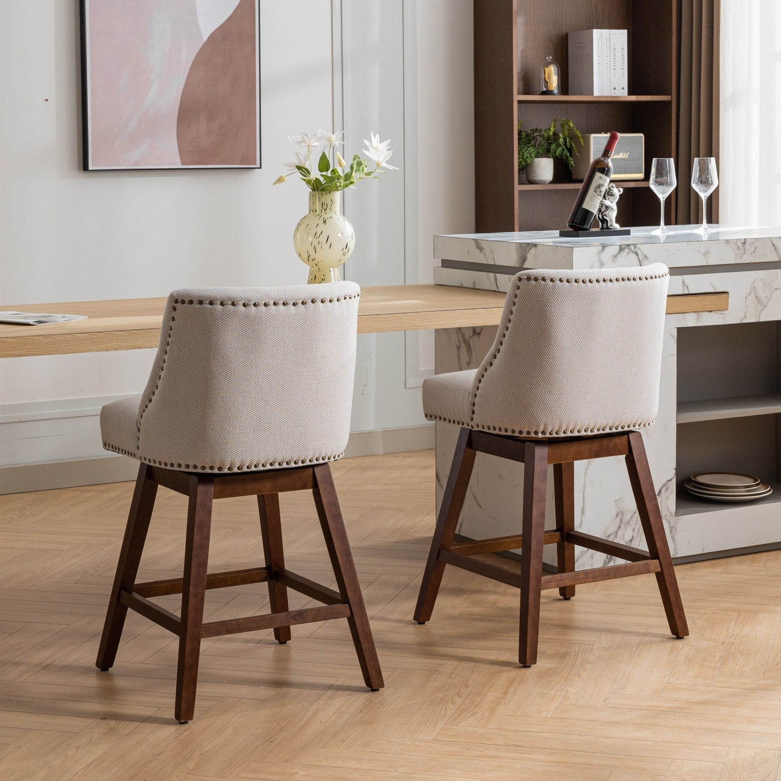 Upholstered Swivel Counter Height Bar Stools with Nailhead Trim (Set of 2)