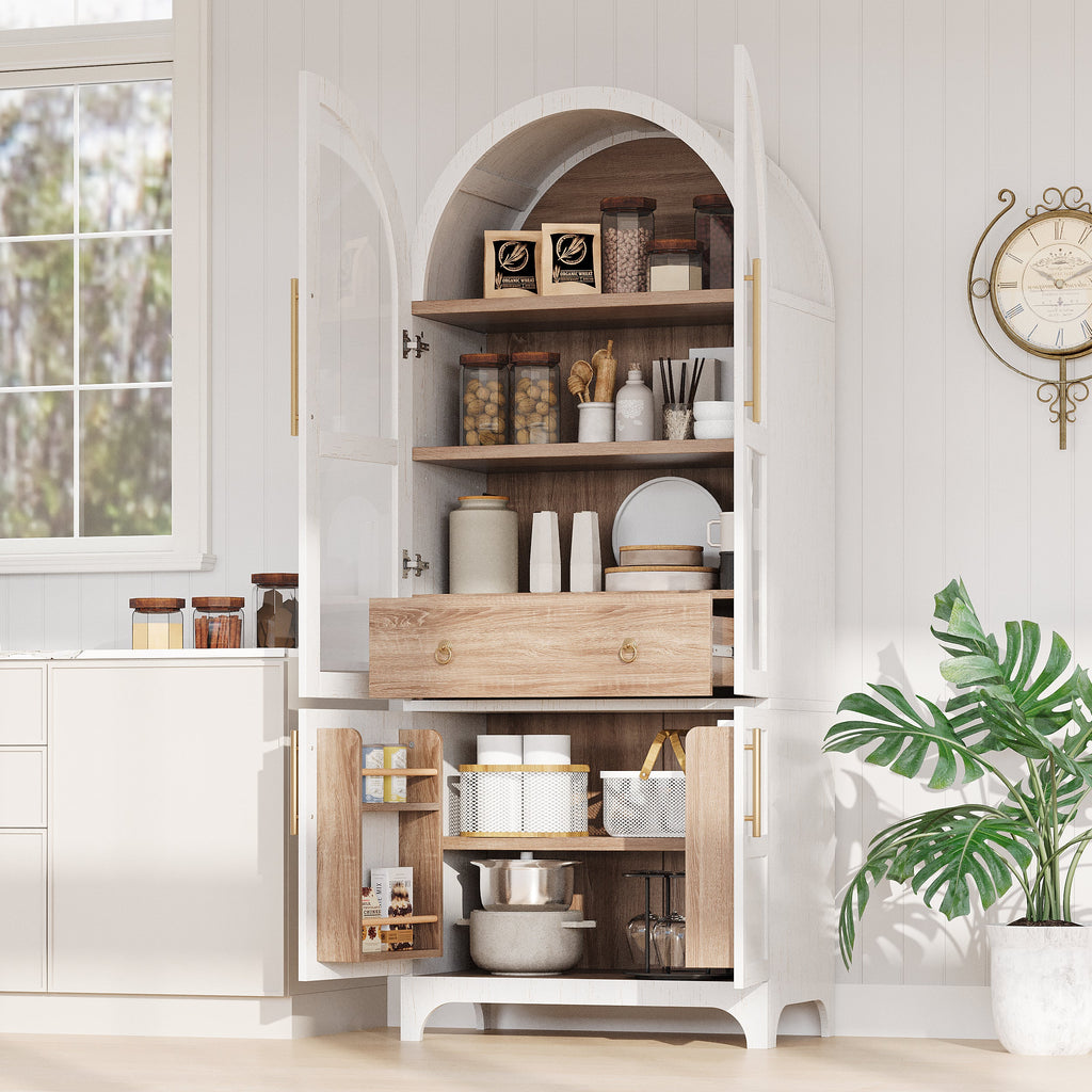 71" Tall Arched Farmhouse Kitchen Pantry Cabinet with Door Shelves