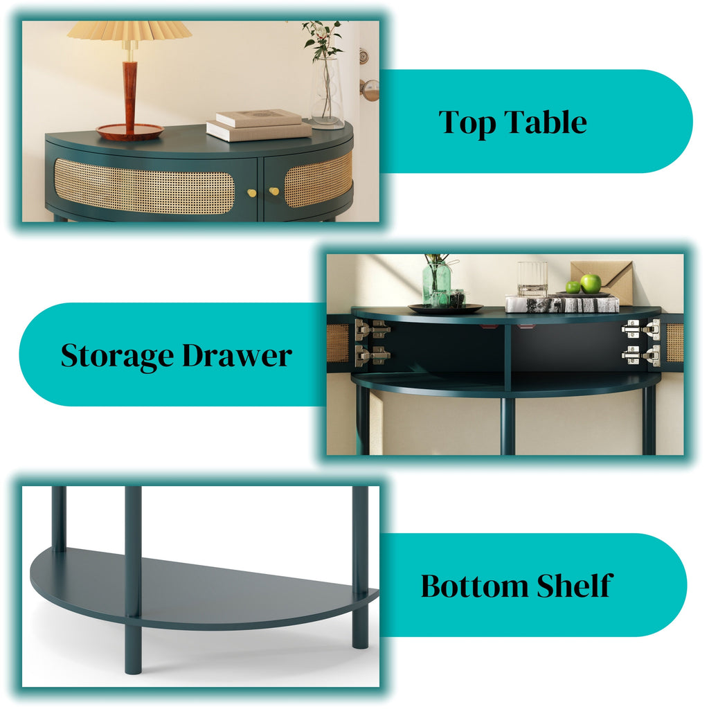 Rattan Semi Circle End Table with 2 Rattan Storage Cabinet