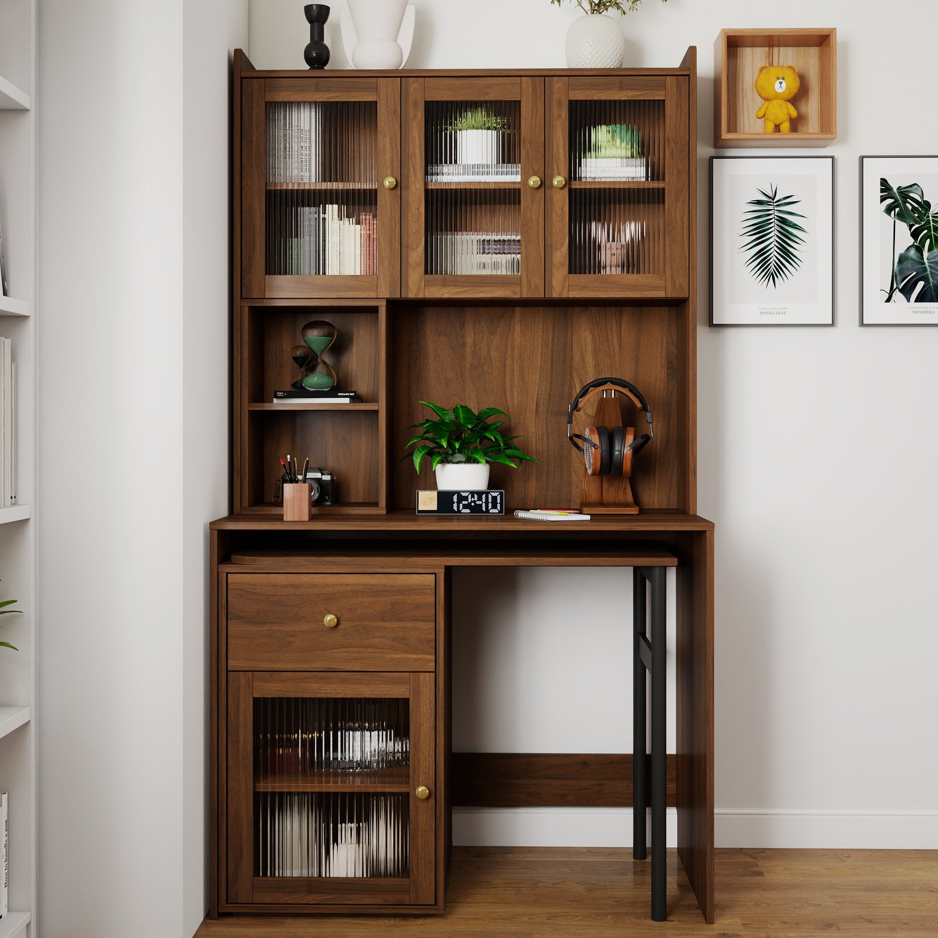 90 Degree Rotating Desktop Computer Desk with Glass Door for Home Office
