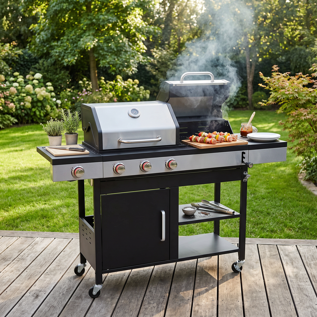 Propane Gas and Charcoal Grill Combo Griddle Grill with Side Burner