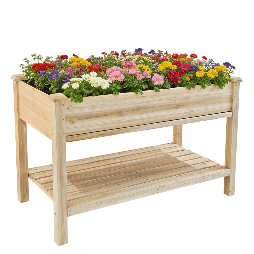 Outdoor Raised Garden Bed 48"x23"x31" with Water Tray, Storage Shelf & Protective Liner
