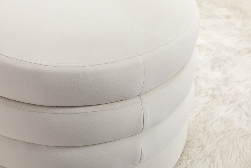 Velvet Fabric Storage Round Ottoman Footstool with Wooden Shelves