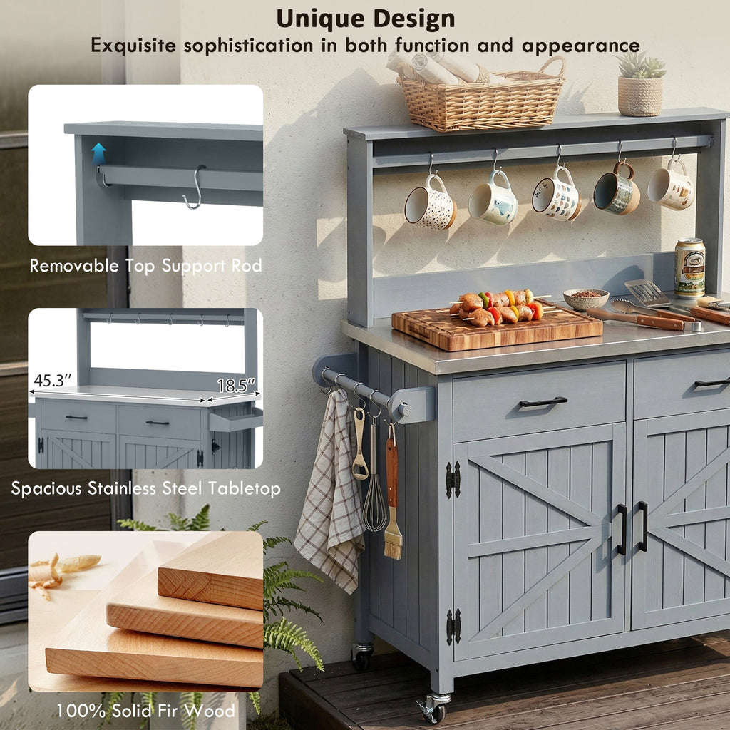 54.1" Outdoor Kitchen Island with High Shelf, Stainless Steel Top & Storage Cabinet