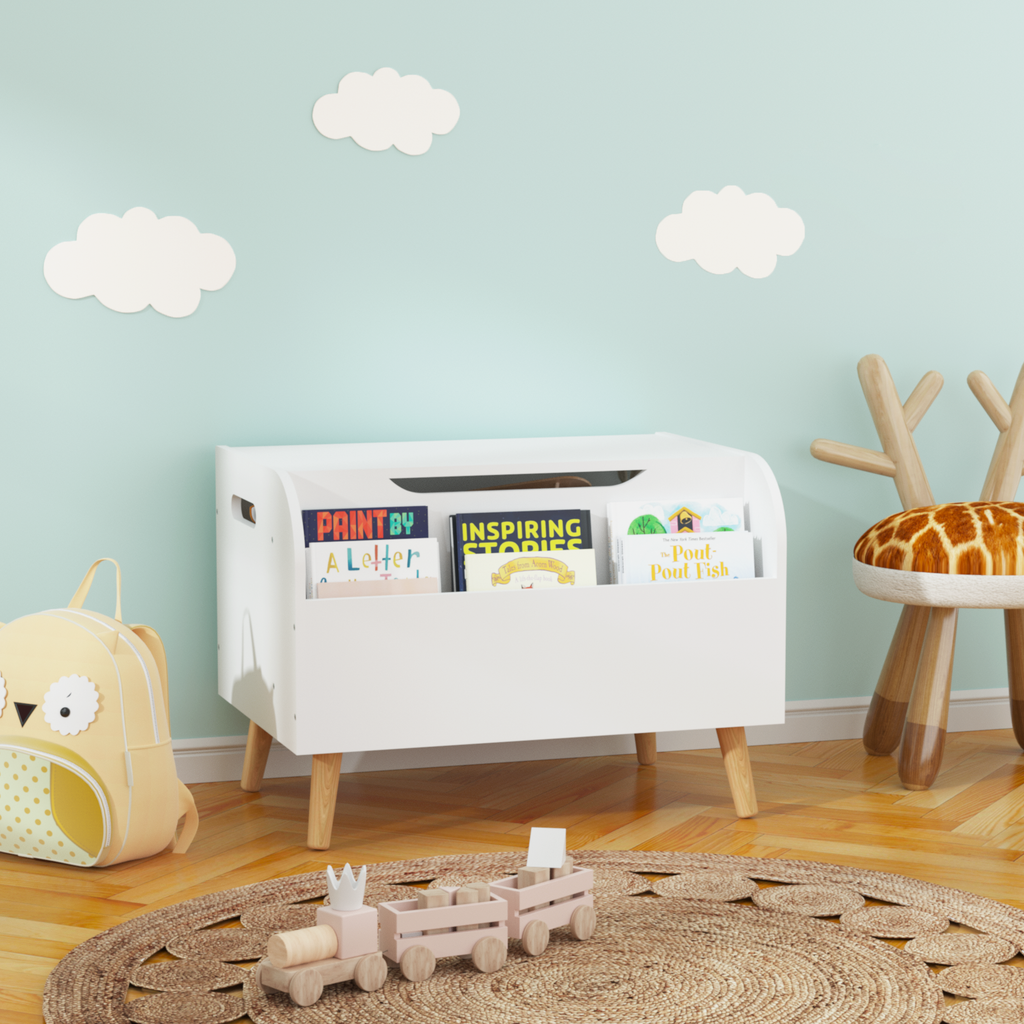 Kids  Wooden Toy Storage Bench with Front Bookshelf