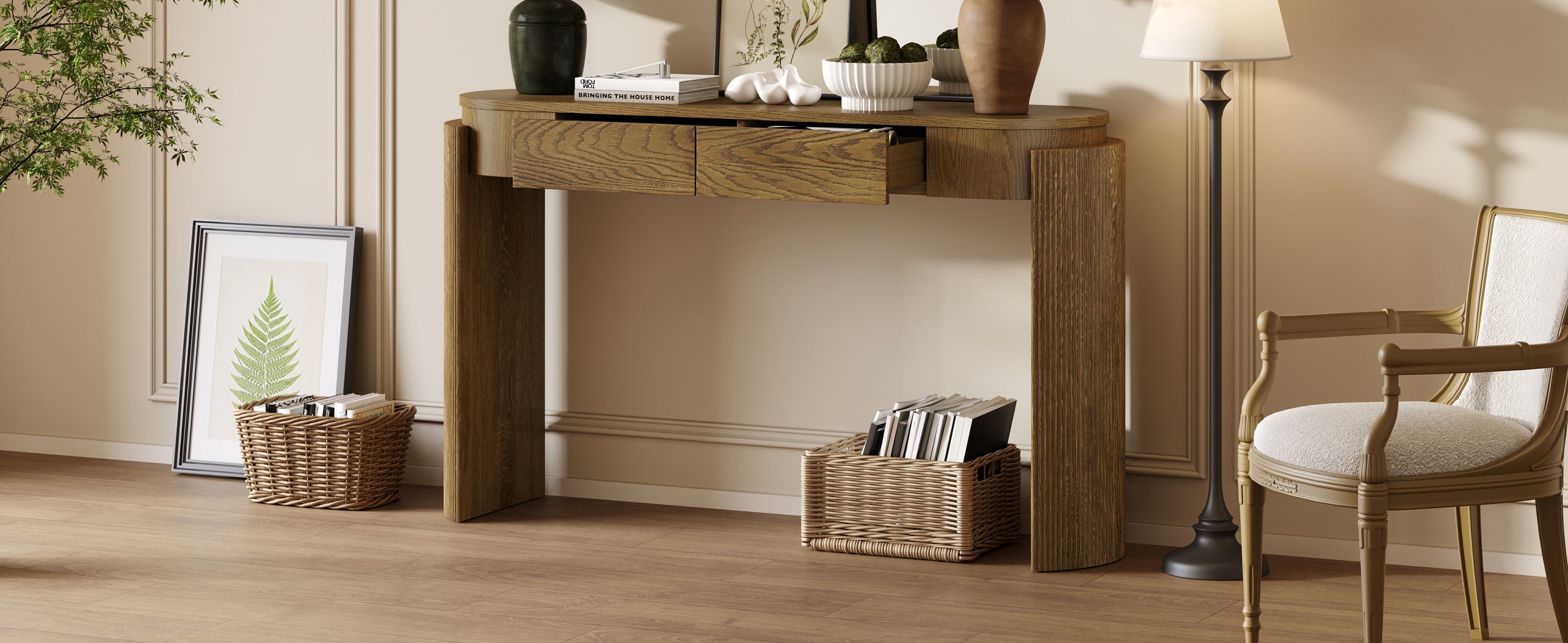 Natural Wood Console Table with Fluted Design