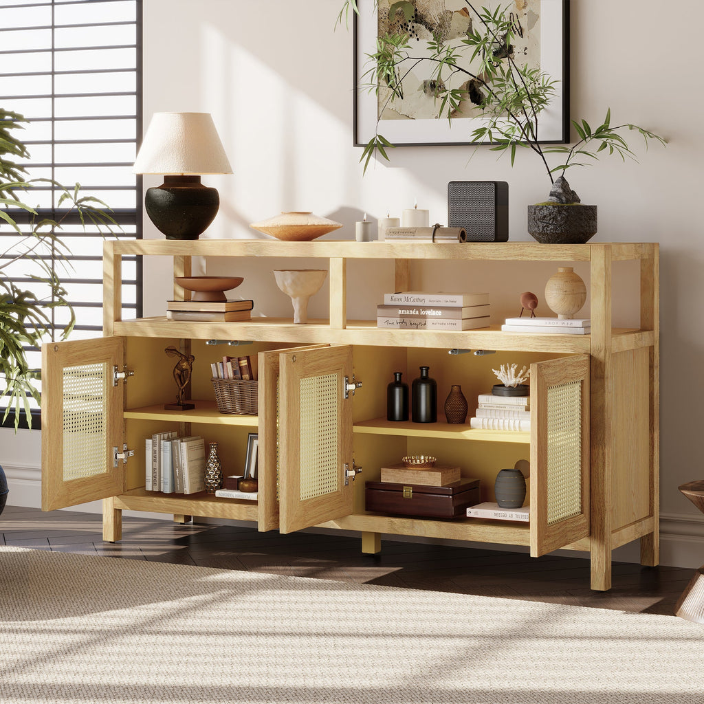 Bohemian Style Rattan Storage Cabinet with 3-position Adjustable Shelves
