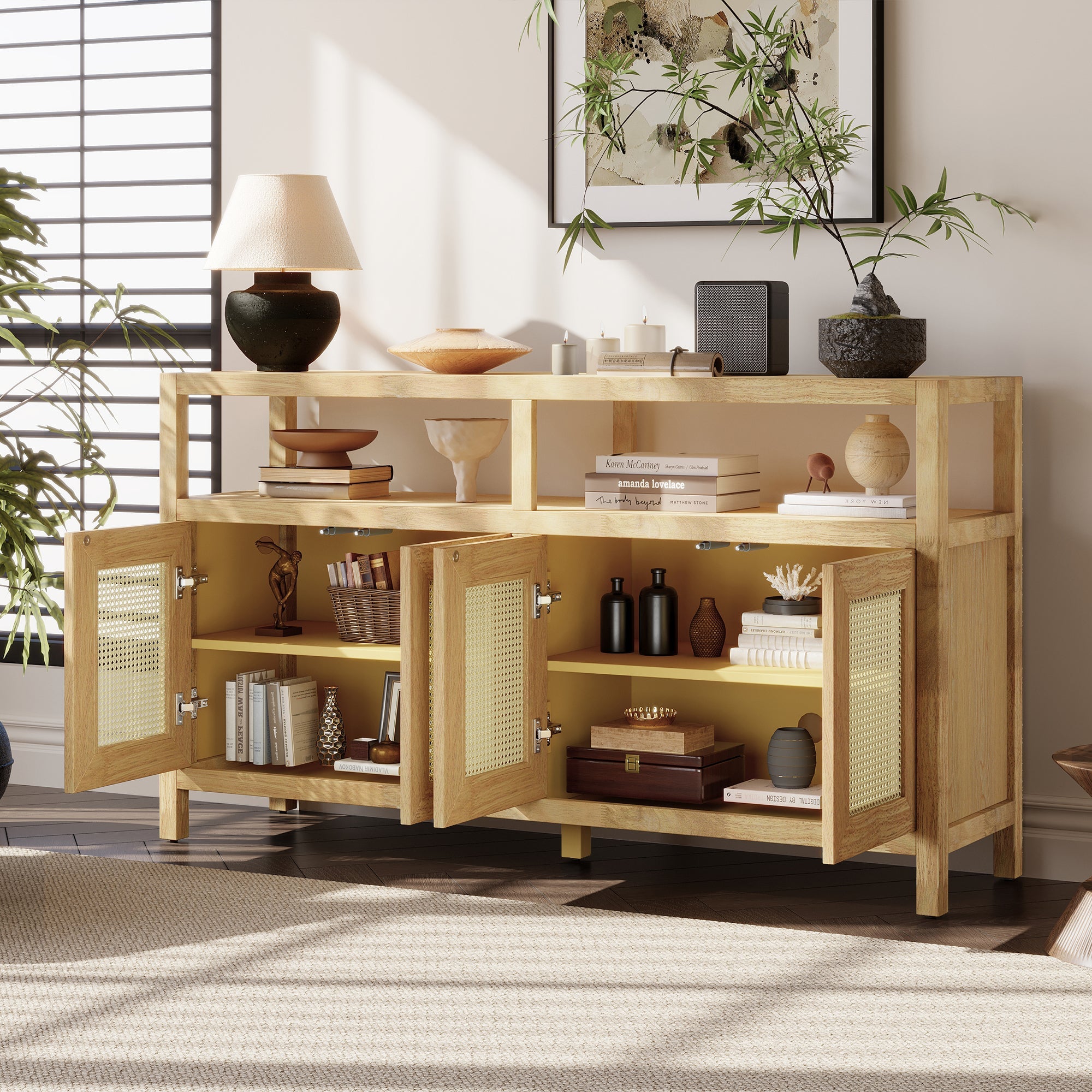 Bohemian Style Rattan Storage Cabinet with 3-position Adjustable Shelves
