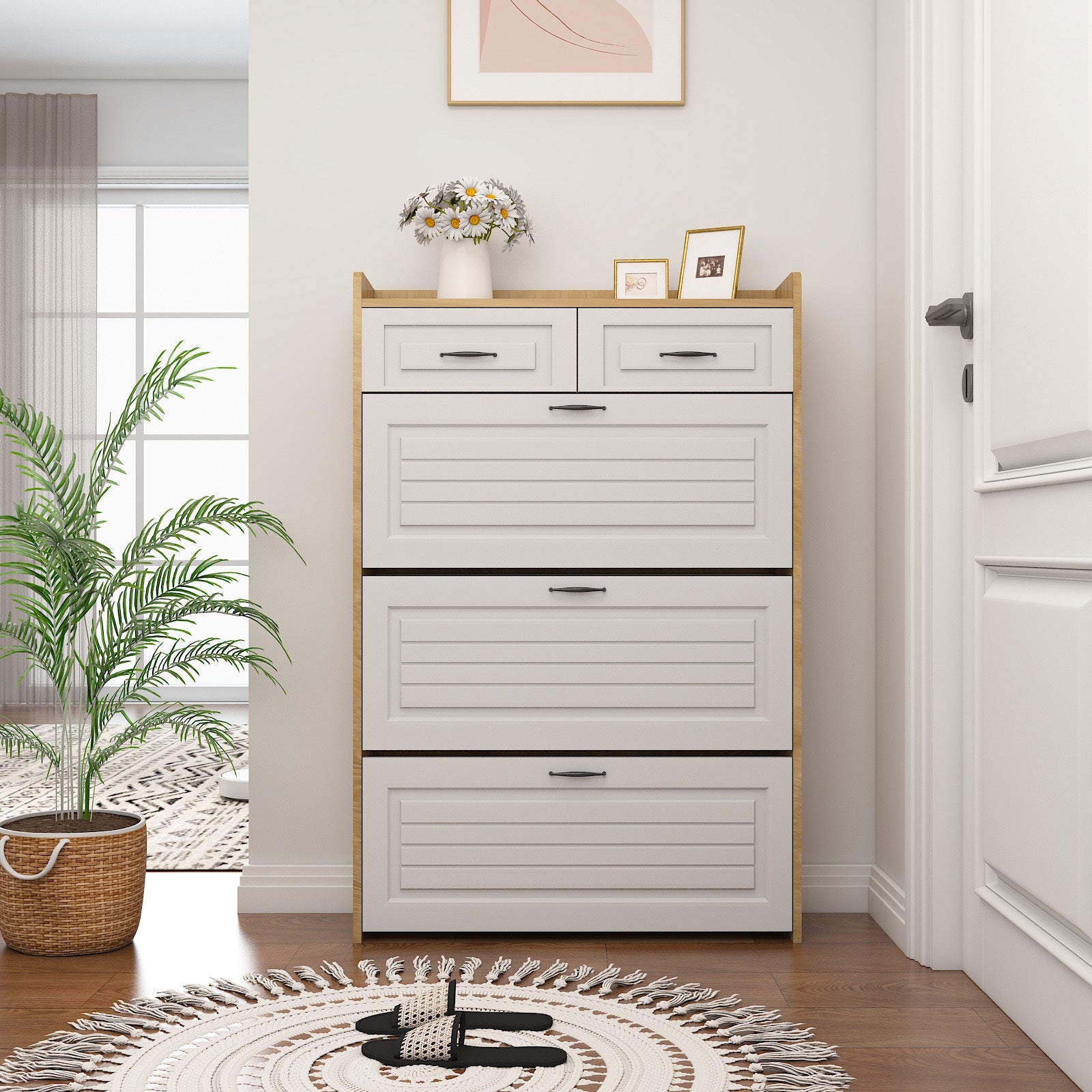 White Oak Color Shoe Cabinet with 3 Doors 2 Drawers