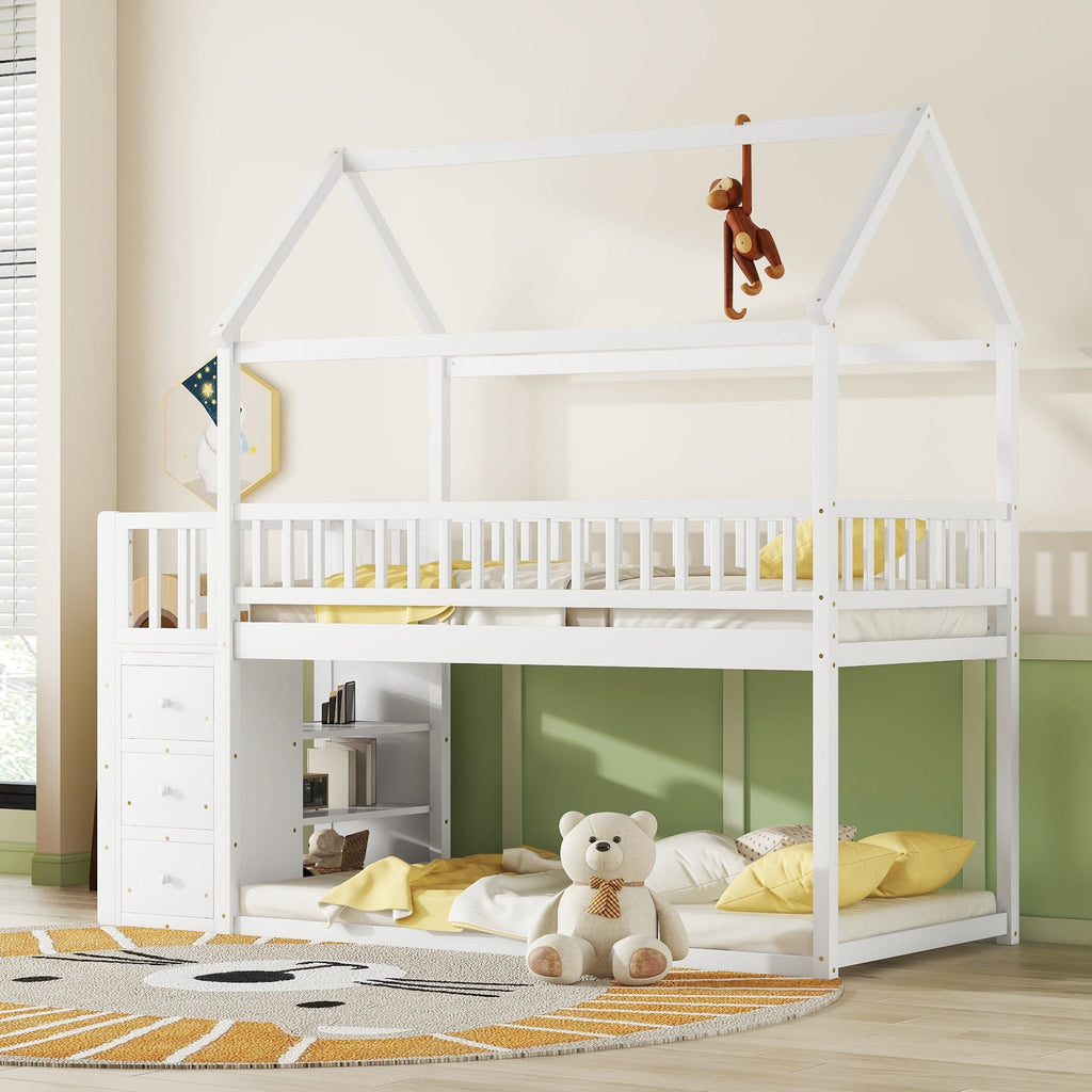 Twin House Bunk Bed with Shelves and Drawers