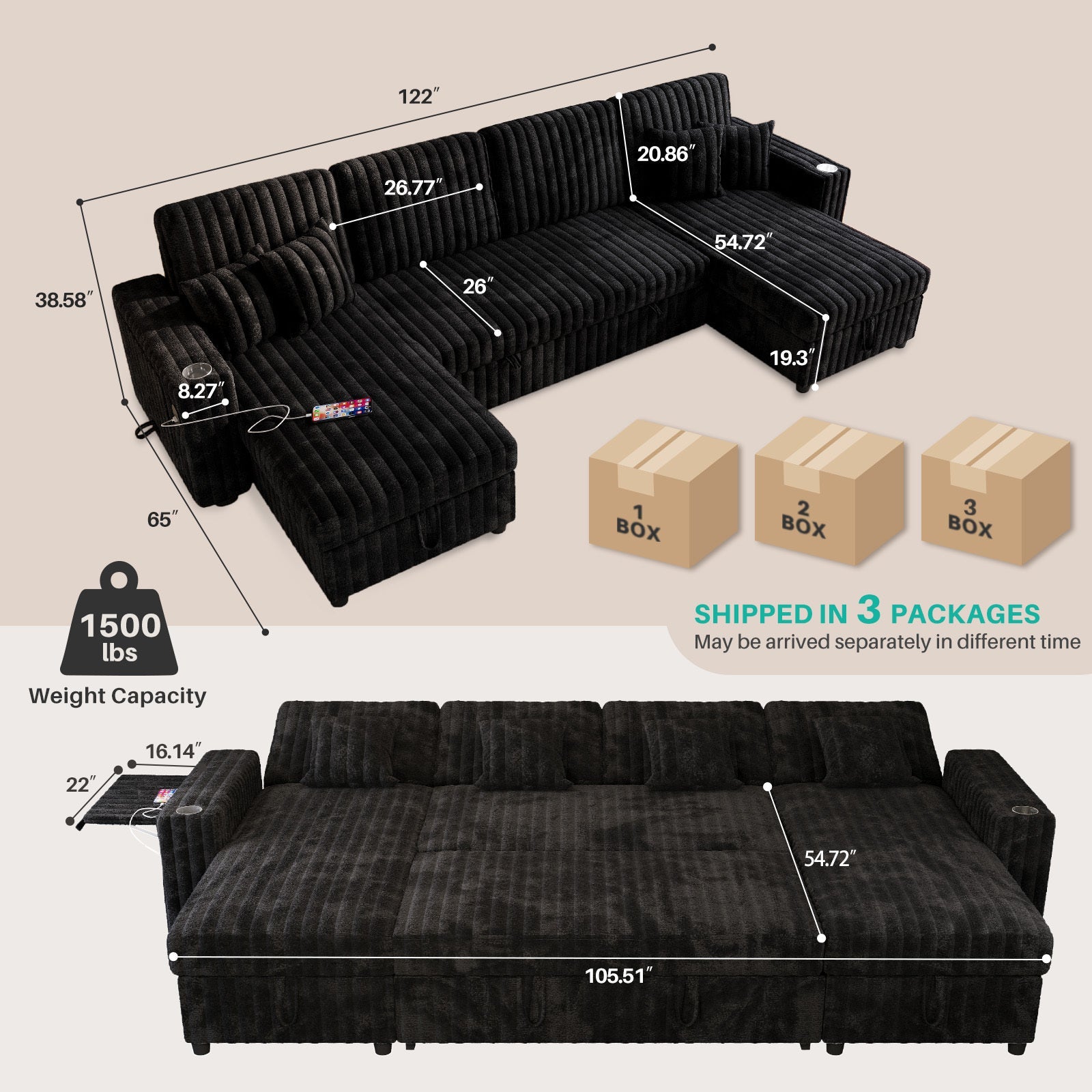 122" U-Shaped Sleeper Sofa Gray Pull Out Bed Sectional with Storage Chaise
