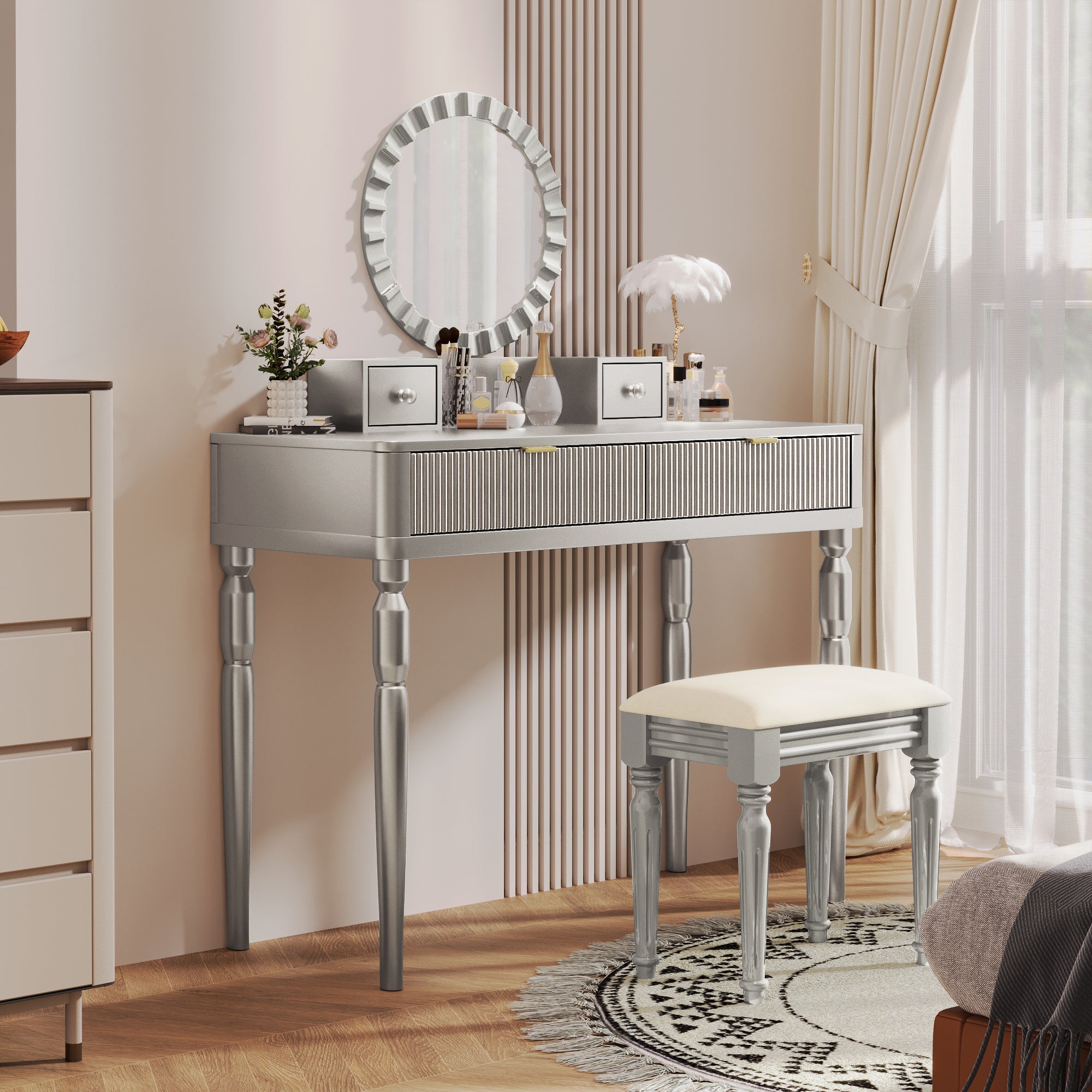 Luxury Vanity Desk with Round Mirror
