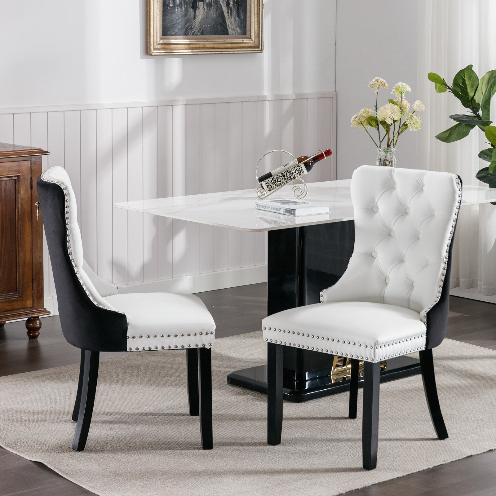 Tufted Solid Wood PU Upholstered Dining Chair with Wood Legs (Set of 2)