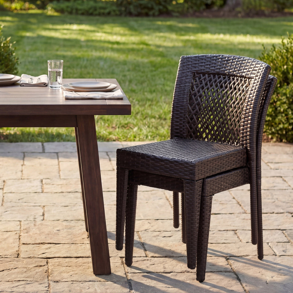 Outdoor Dining Chairs Set of Stackable UV Resistant Rattan Steel Frame Patio Garden