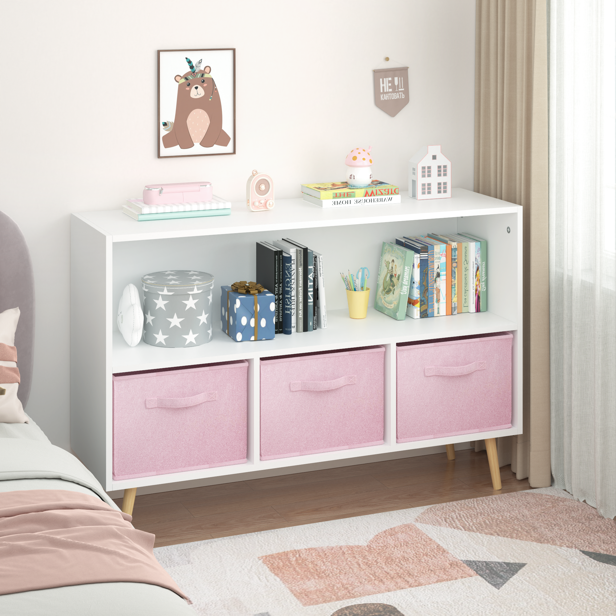 Children's Book Display Kids Bookcase with 3 Fabric Bins