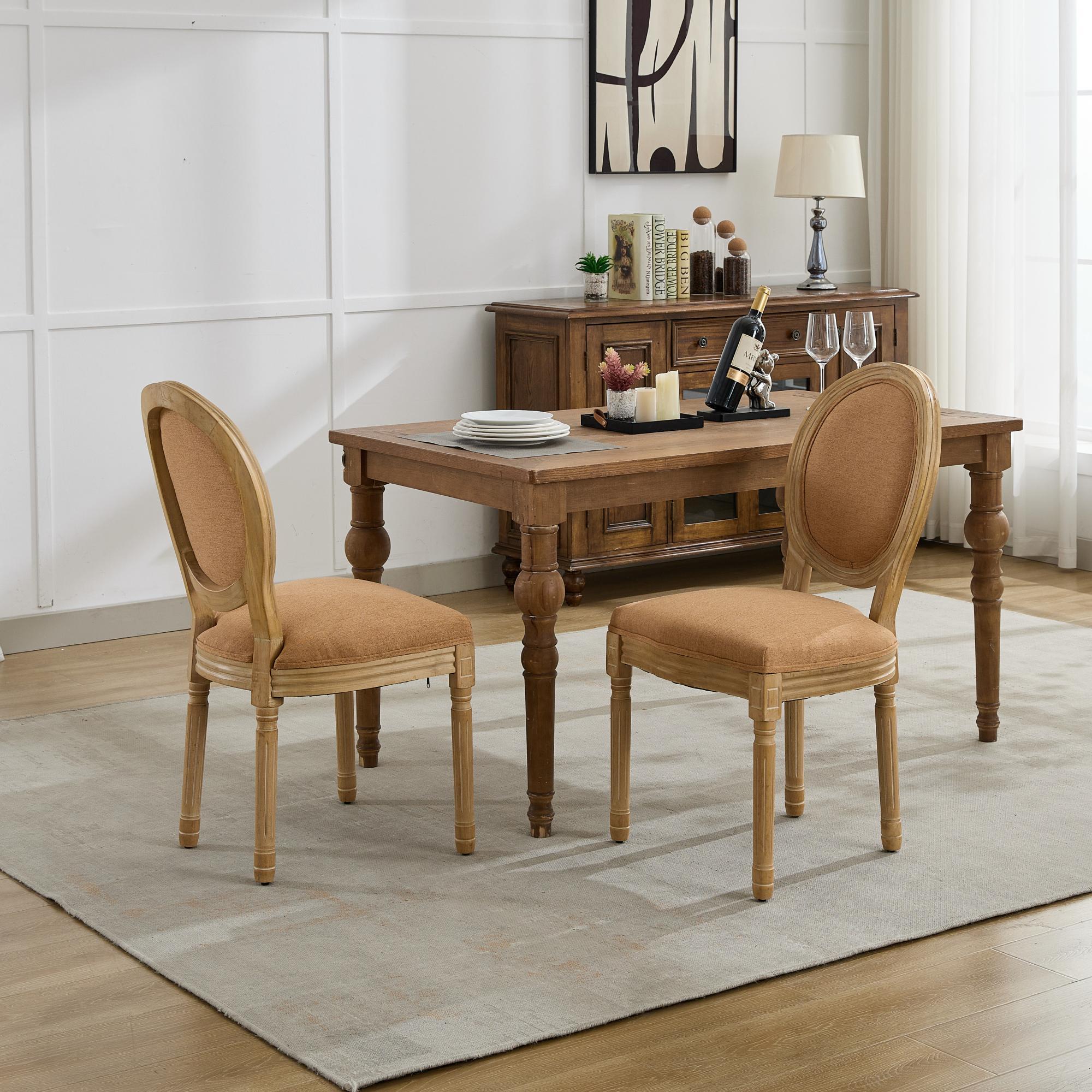 French Style Solid Wood Frame Linen Fabric Back Dining Chair (Set of 2)