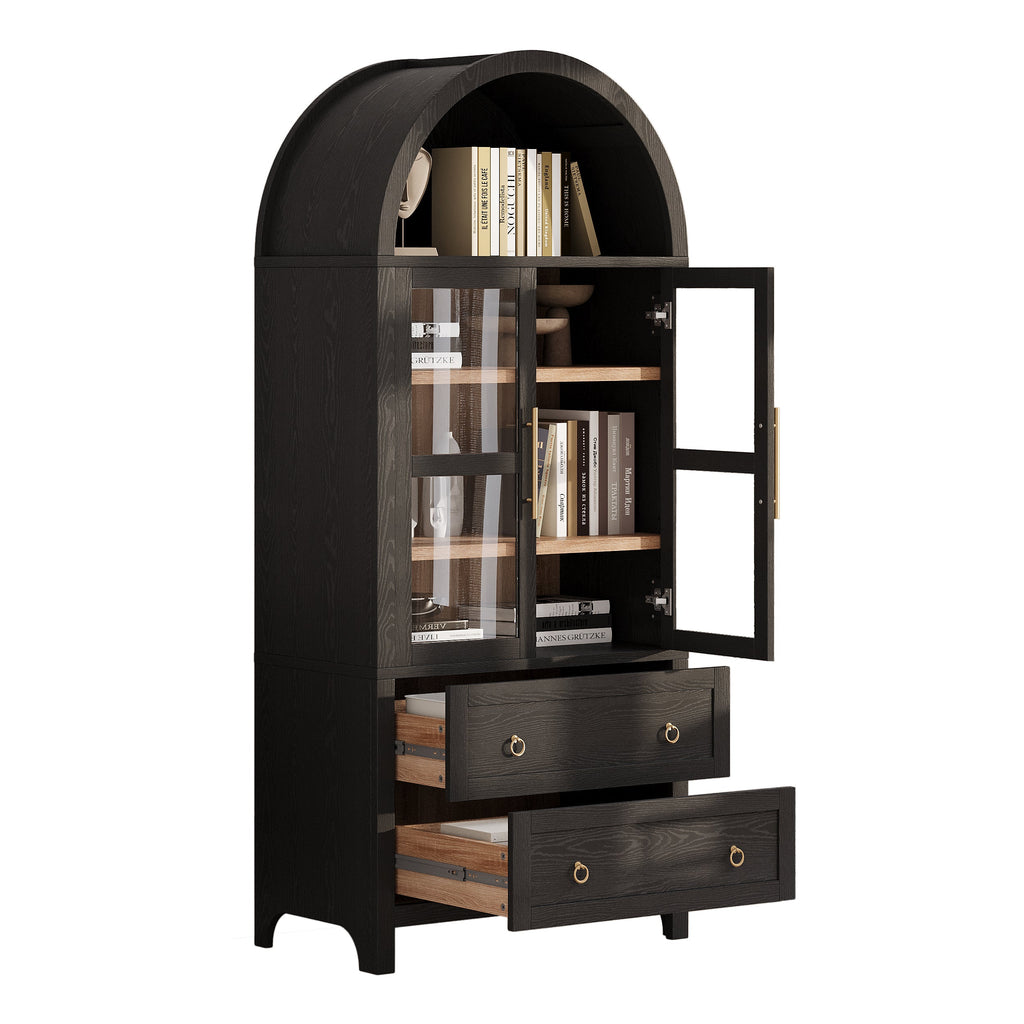 71” Tall Arched Modern Farmhouse Kitchen Pantry Cabinet with 2 Large Drawers