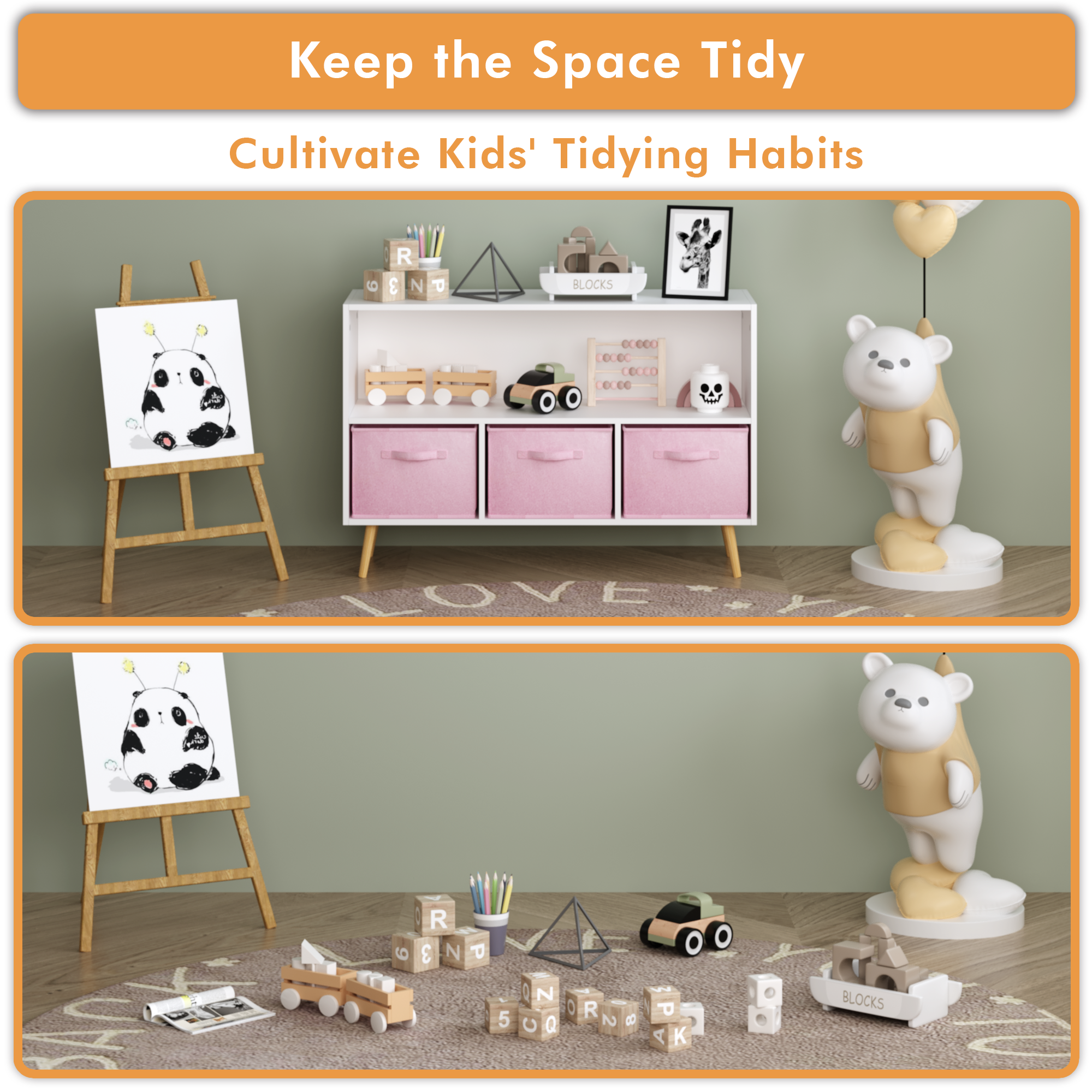 Children's Book Display Kids Bookcase with 3 Fabric Bins