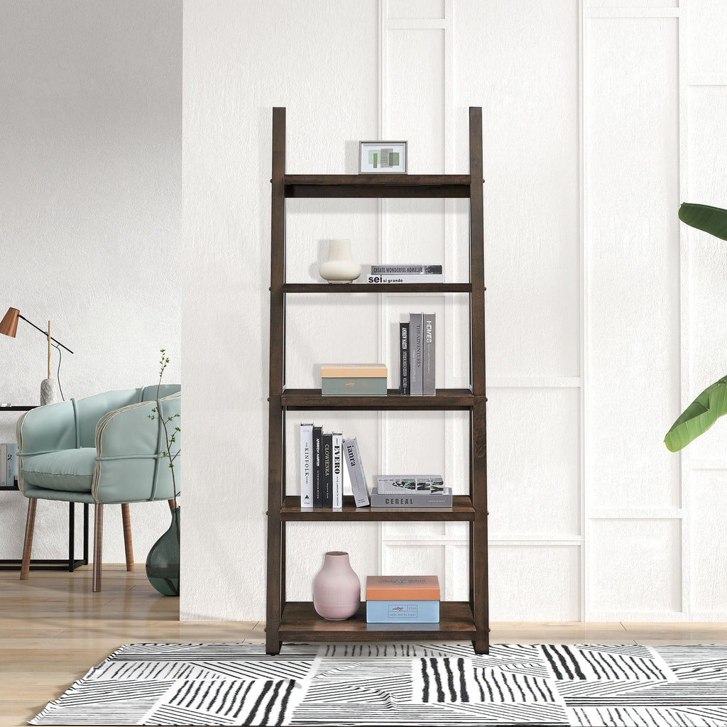 5-Tier Storage Rack Bookshelf with Rubber Wood Frame