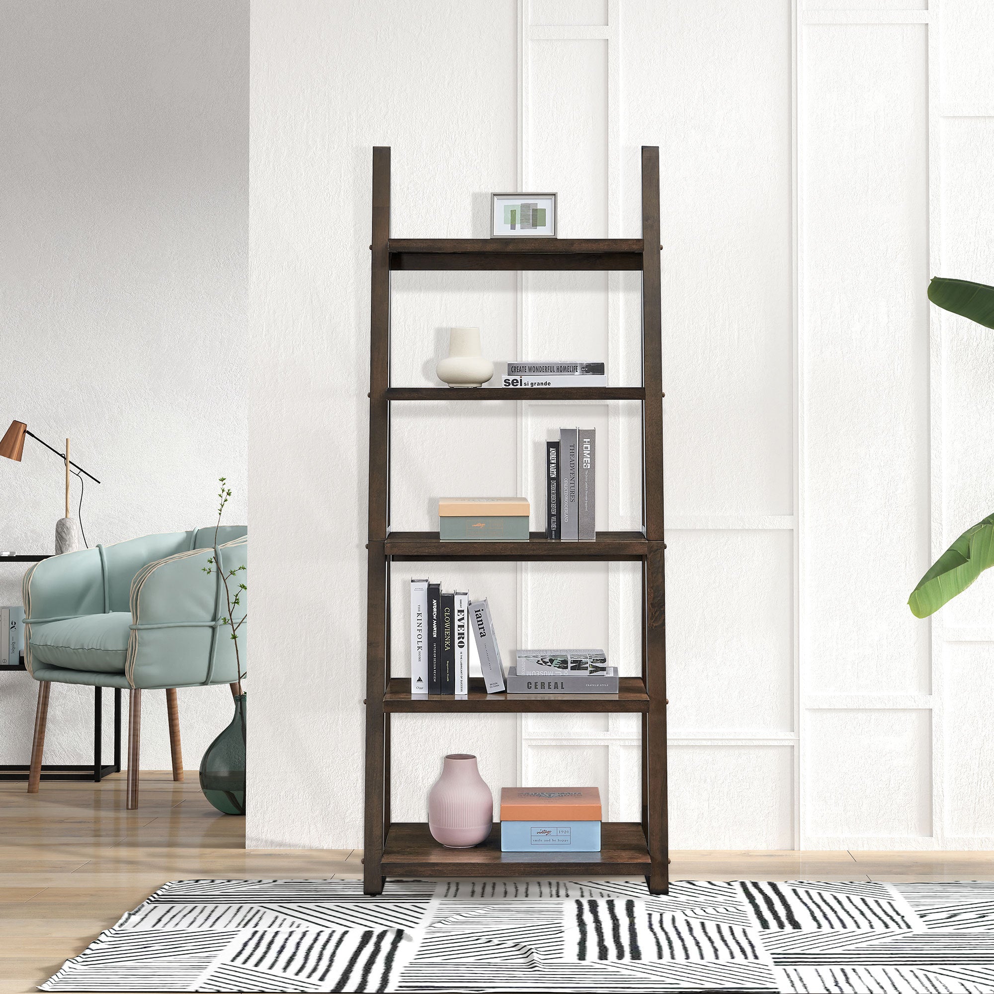5-Tier Storage Rack Bookshelf with Rubber Wood Frame