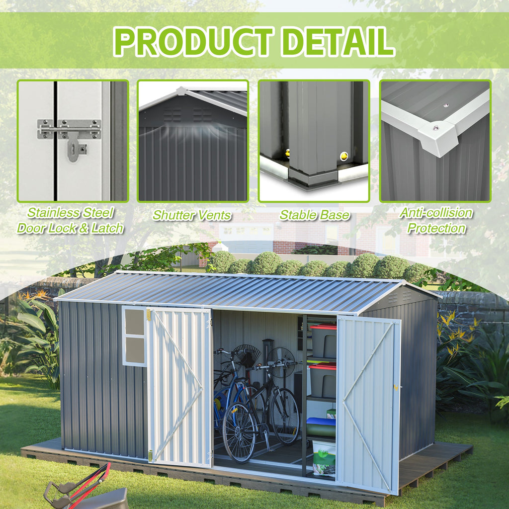 8x12ft Steel Storage Shed w/ Window, Hinged Doors, 4 Vents for Yard/Garden/Patio