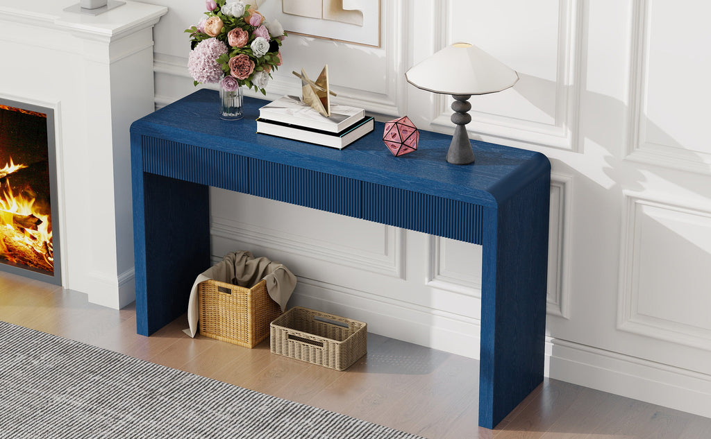Rustic Solid Wood Veneer Entryway Table with 3 Fluted Drawers