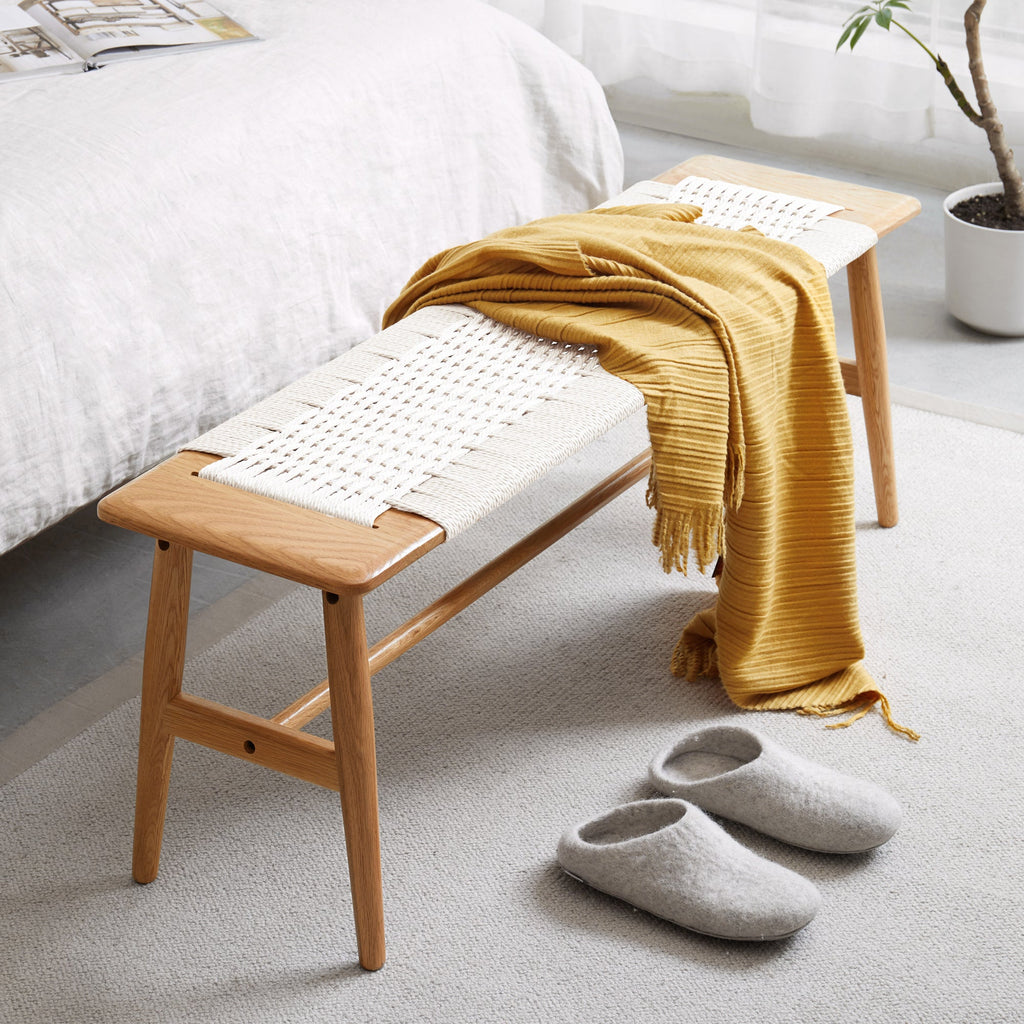 Woven Design Oak  Dining Bench with Handwoven Cane Seat