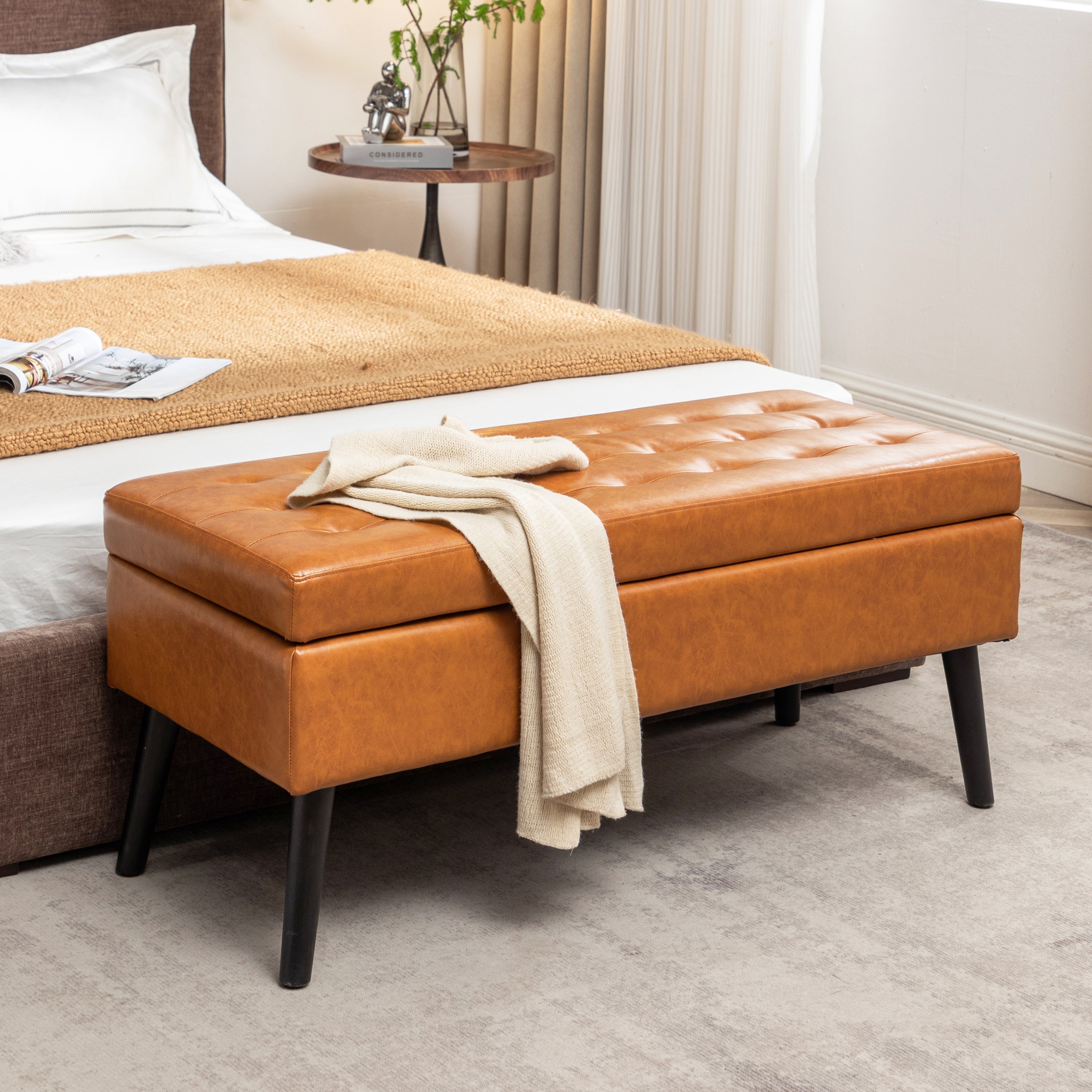 Brown PU Leather Storage Bench