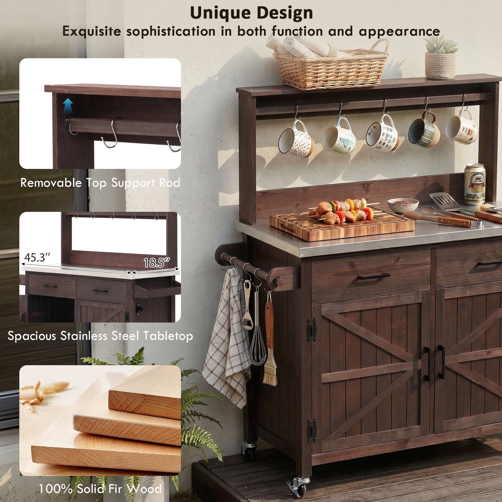 54.1" Outdoor Kitchen Island with High Shelf, Stainless Steel Top & Storage Cabinet