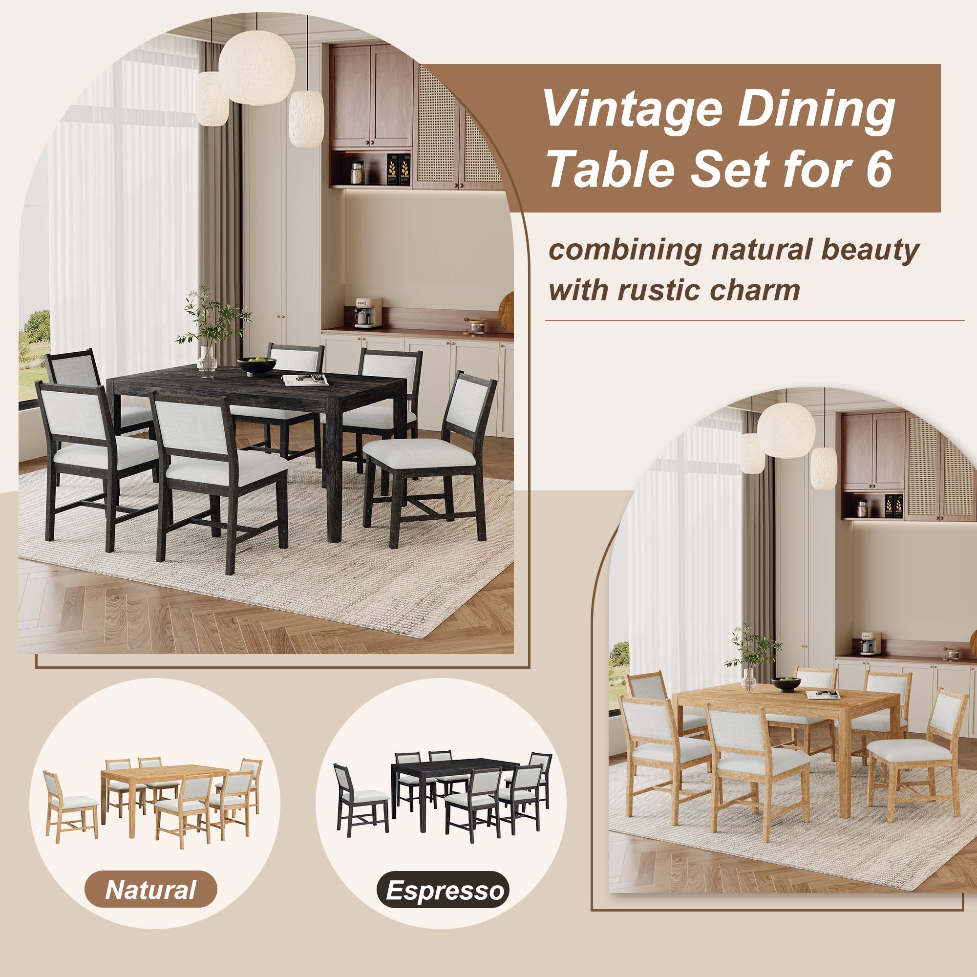 7-Piece Retro Rectangular Wood Dining Table Set