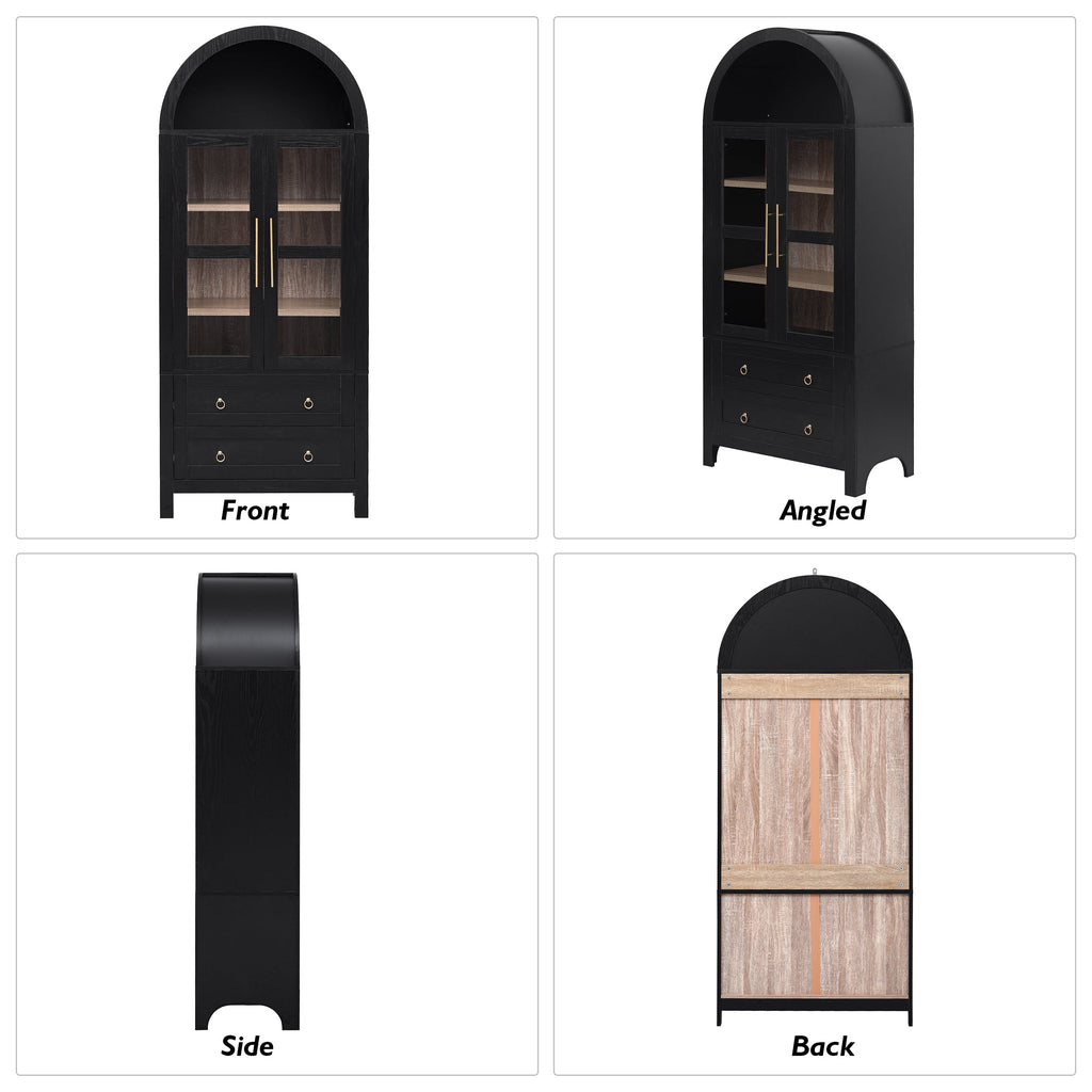 71” Tall Arched Modern Farmhouse Kitchen Pantry Cabinet with 2 Large Drawers