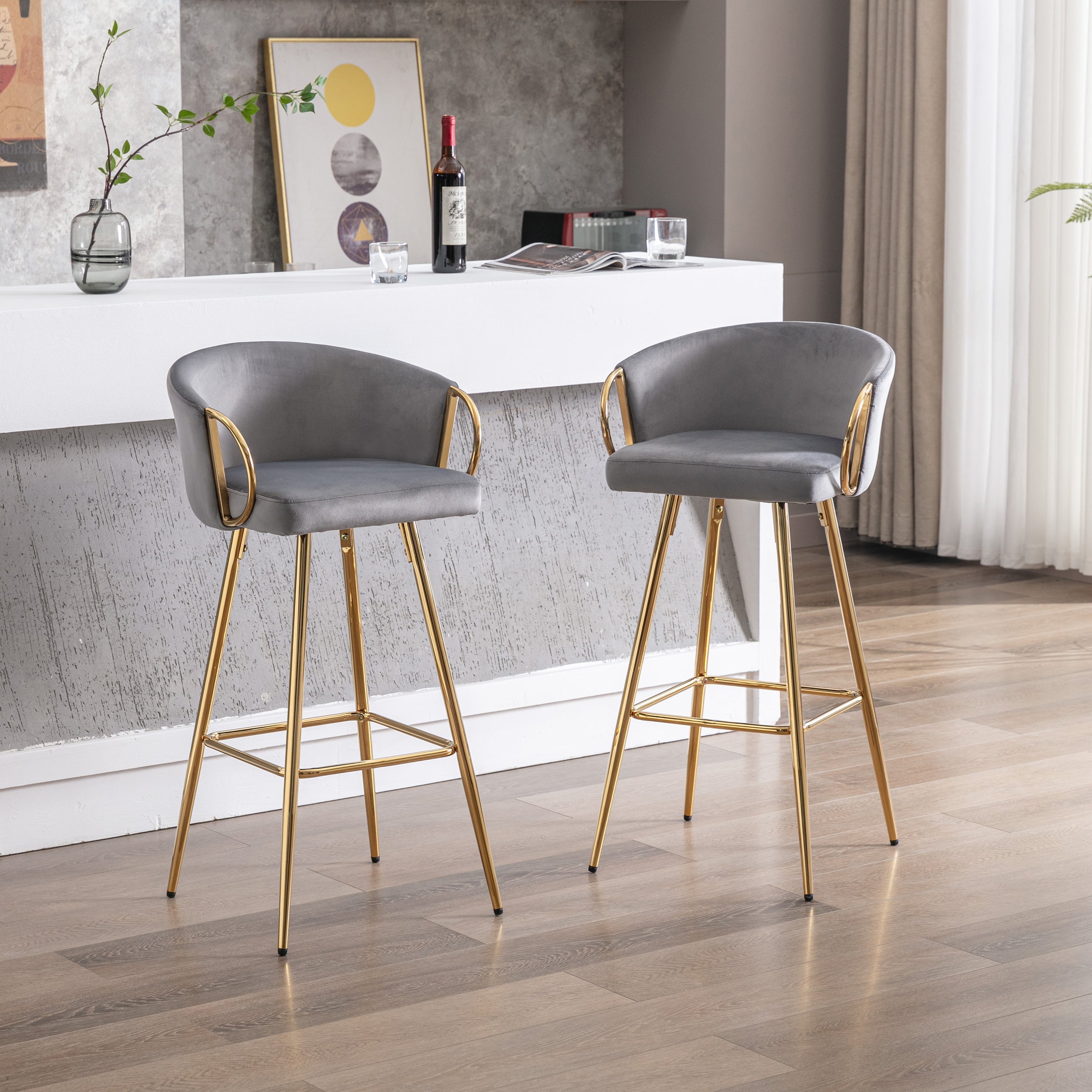 Velvet Bar Stools with Chrome Footrest and Base（Set of 2)