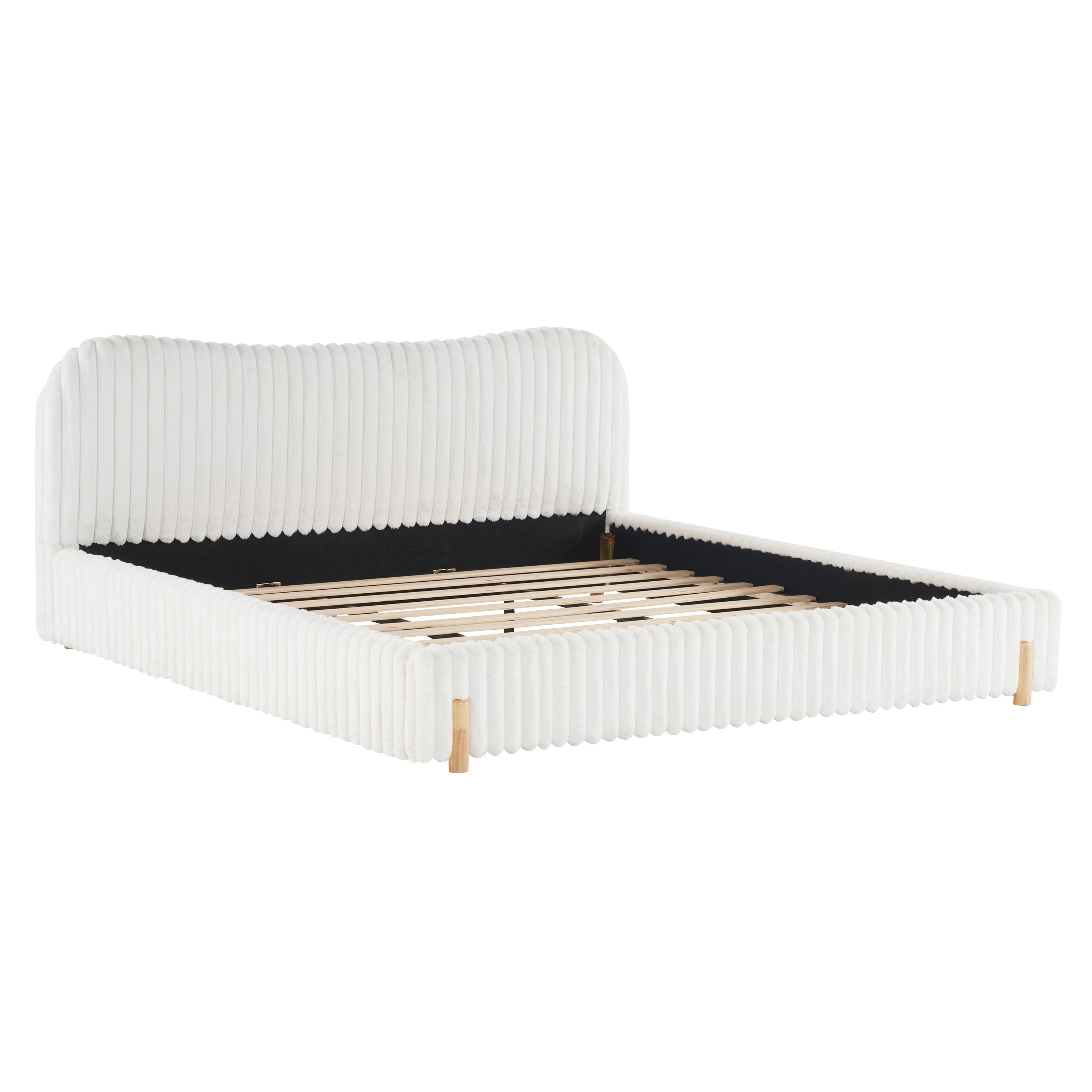 Sleek White Boucle Upholstered Bed with Wavy Headboard