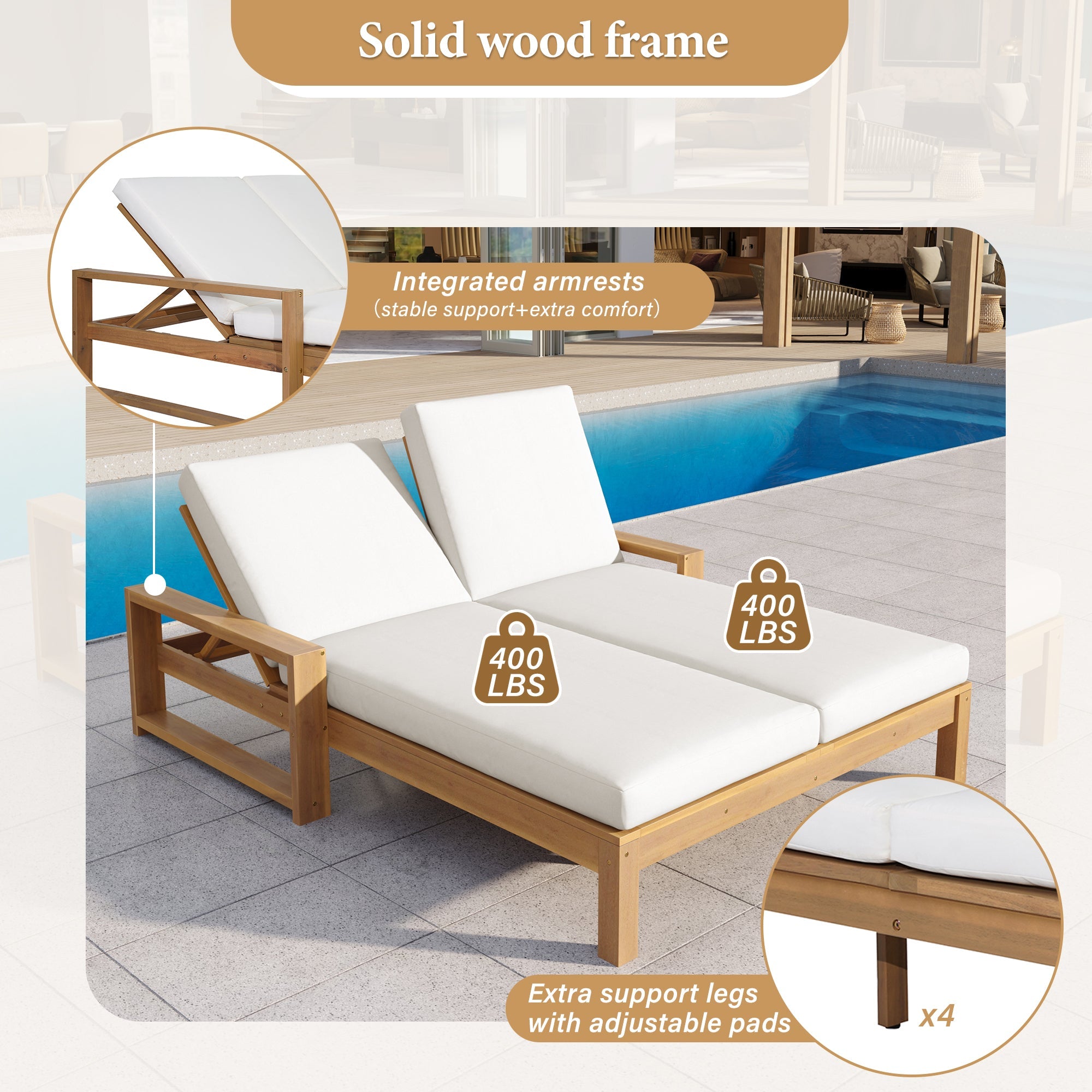 Double chaise lounge 5 position adjustable backs cushioned ideal for patio poolside relaxation