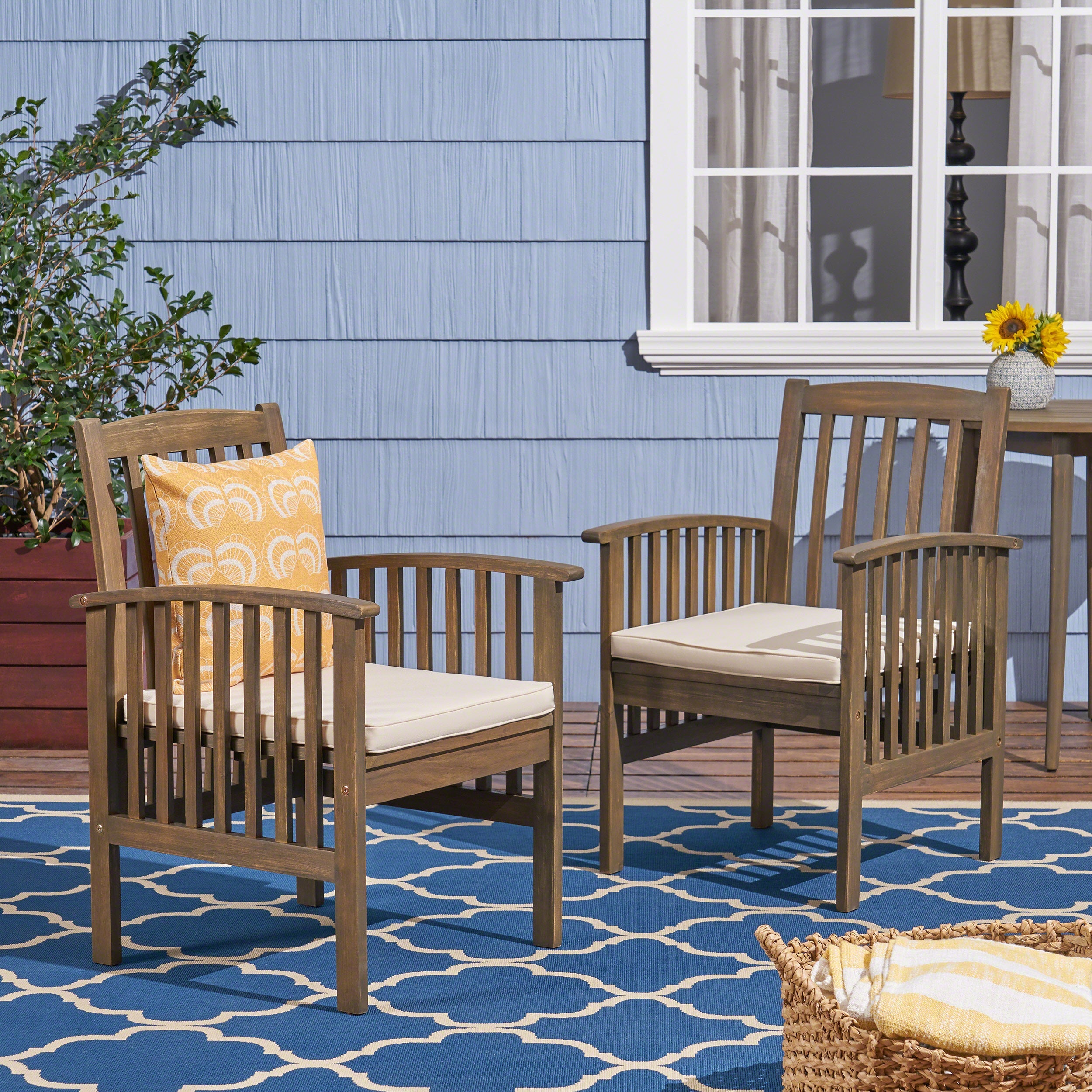 Outdoor 2PCS Acacia Wood Dining Chair Set with Cushions