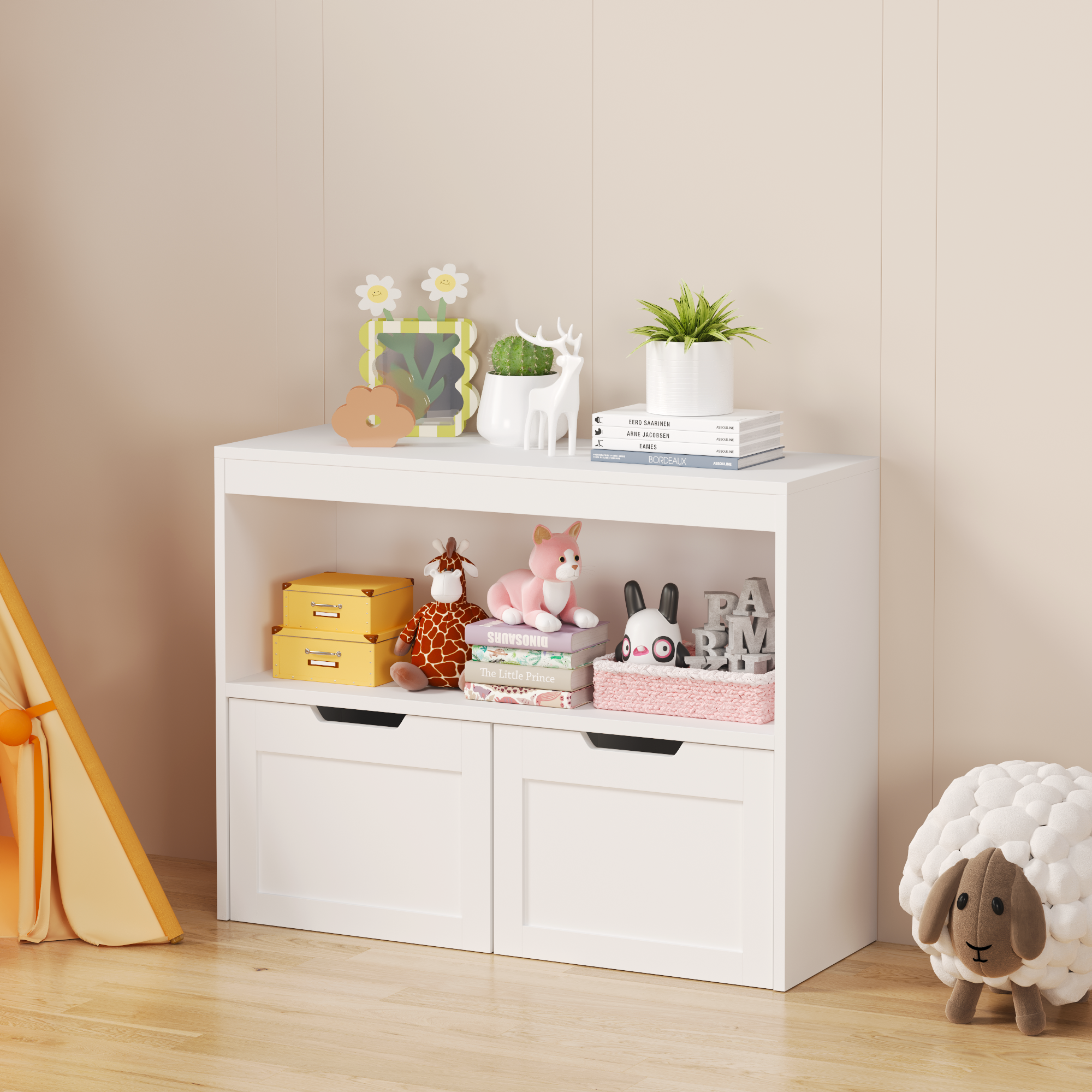 Toy Storage Cabinet  with Large Drawers and Open Shelves