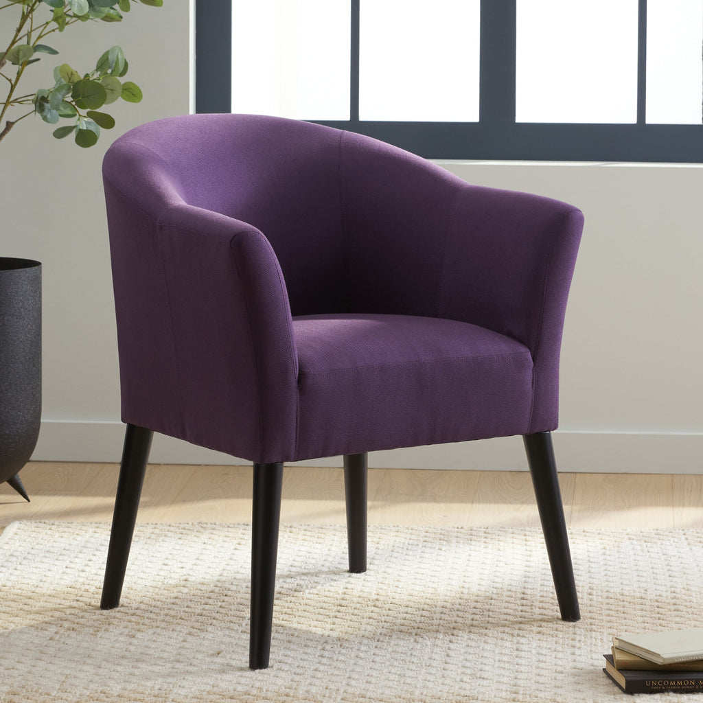 Plum Fabric Arm Chair with Wooden Legs and Cushioned Seat