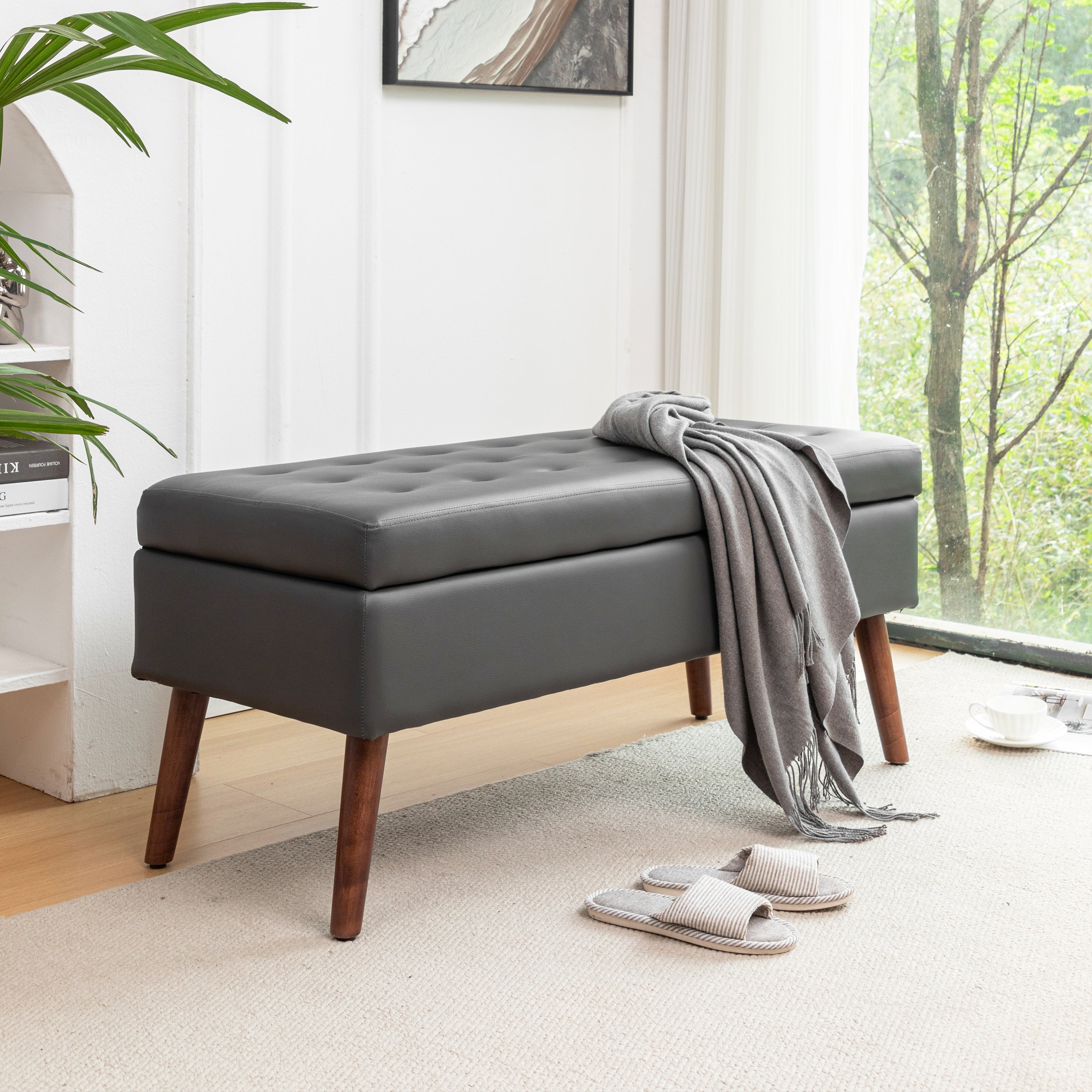 Brown PU Leather Storage Bench